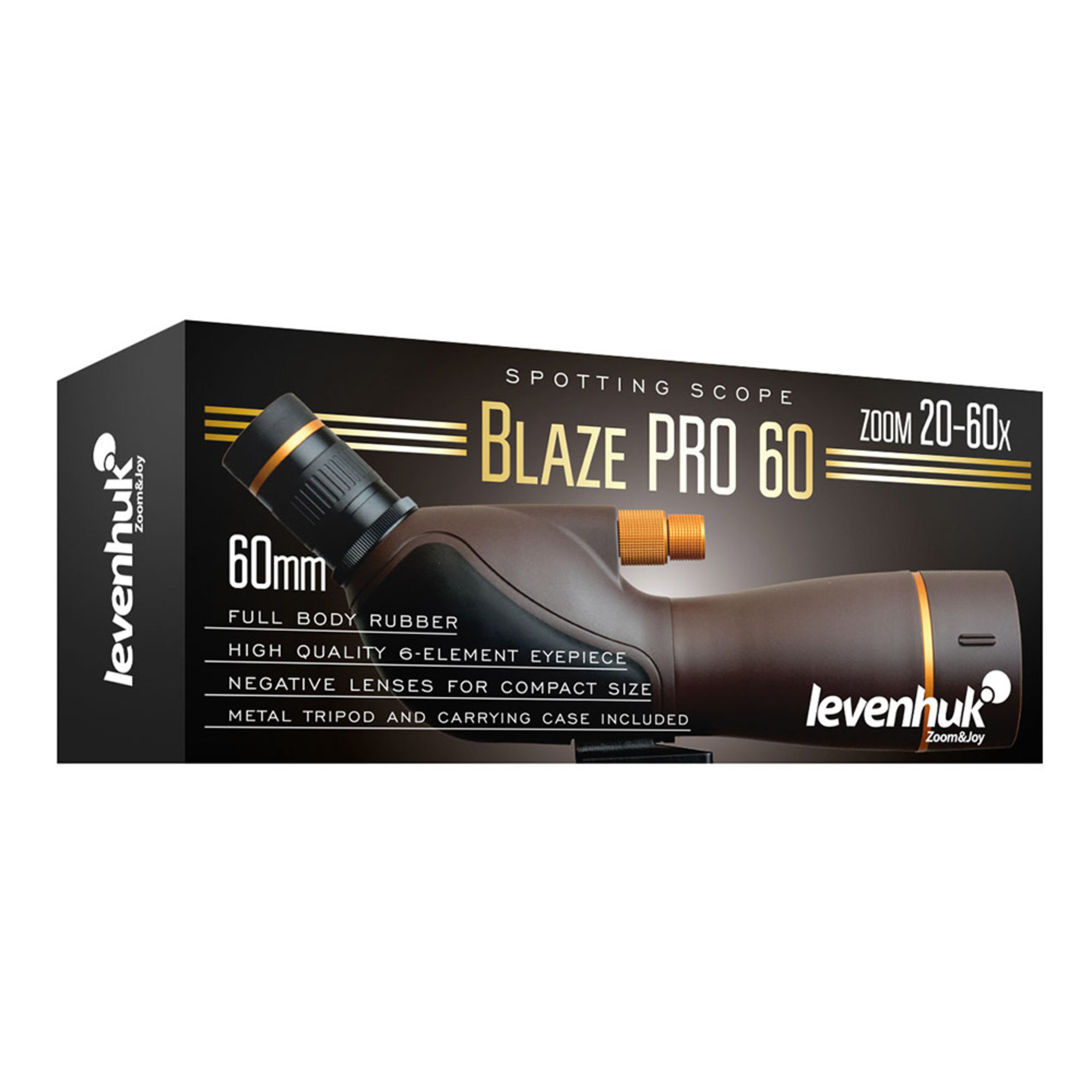 Ein Spektiv auf einer schwarzen Box, brauner und schwarzer Körper, mit goldenen Akzenten. Der Text enthält 'BLAZE PRO 60' und 'Zoom 20-60x'.