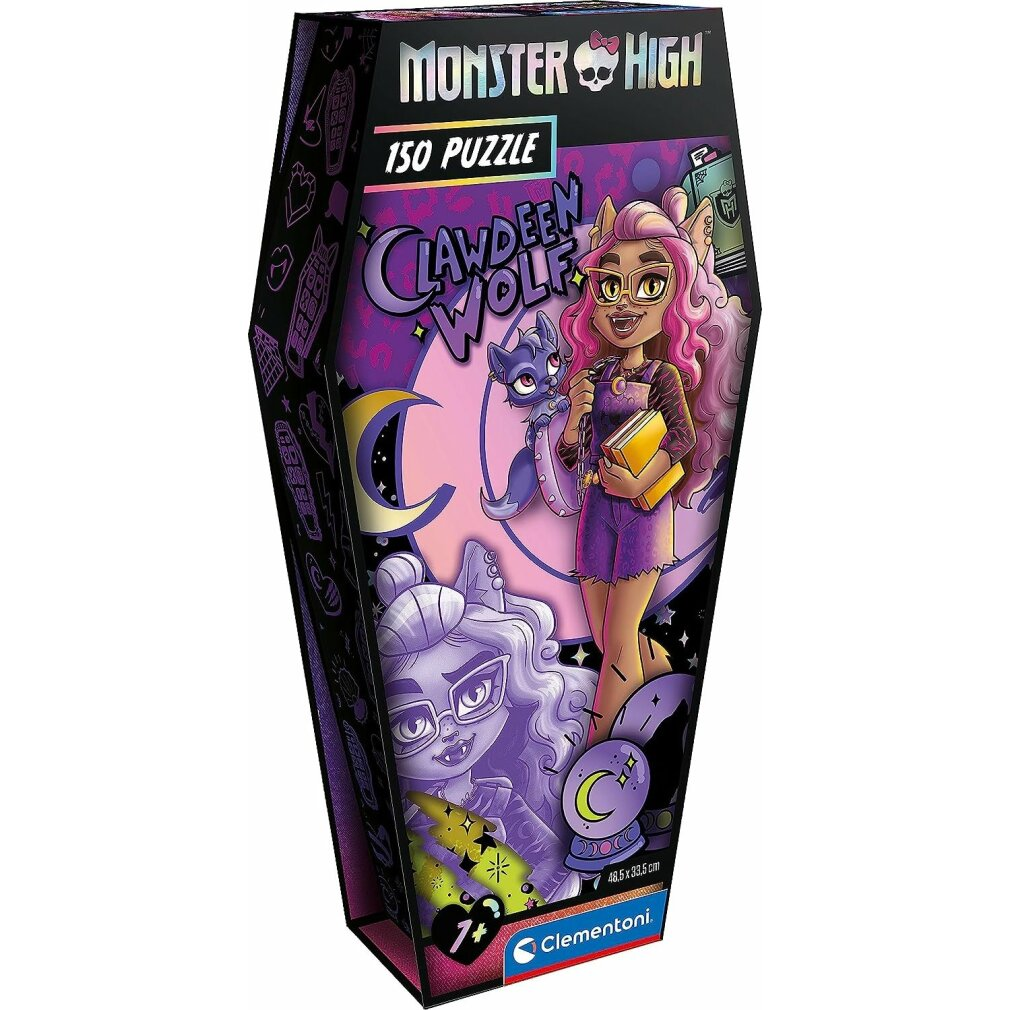Monster High puzzelbox van 150 stukjes. Toont Clawdeen Wolf met een wolf als huisdier, die een boek vasthoudt. Paars en zwart doodskistontwerp.