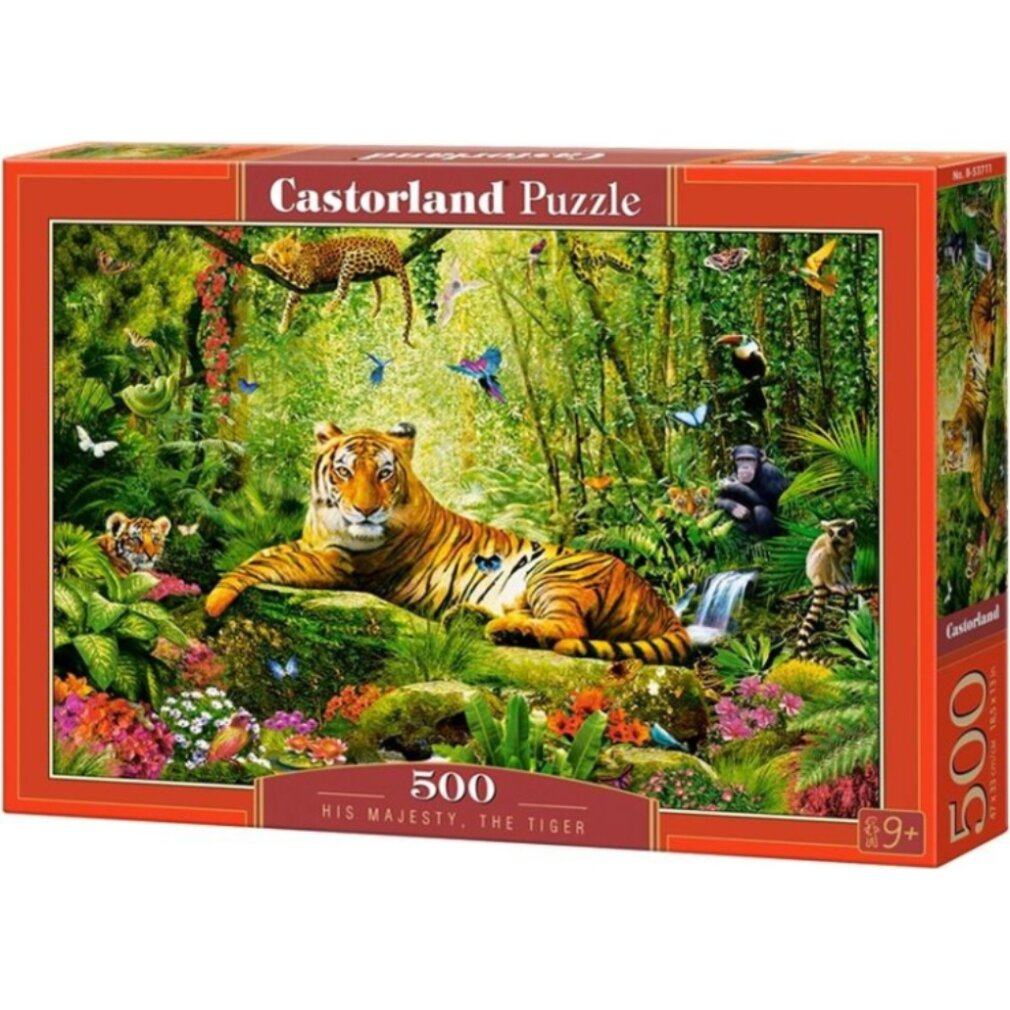 Eine Puzzleschachtel mit einem Tiger, der in einer Dschungelszene liegt, zusammen mit anderen Tieren, Pflanzen und Schmetterlingen. Auf der Box steht 'Castorland Puzzle'.