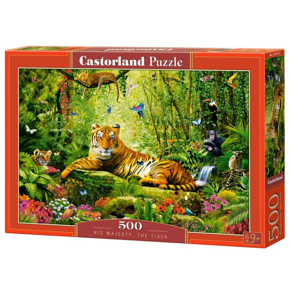 Eine Puzzleschachtel mit einem Tiger, der in einer Dschungelszene liegt. Weitere Tiere sind Leopard, Affe, Eule und Schmetterlinge. Das Puzzle hat 500 Teile.