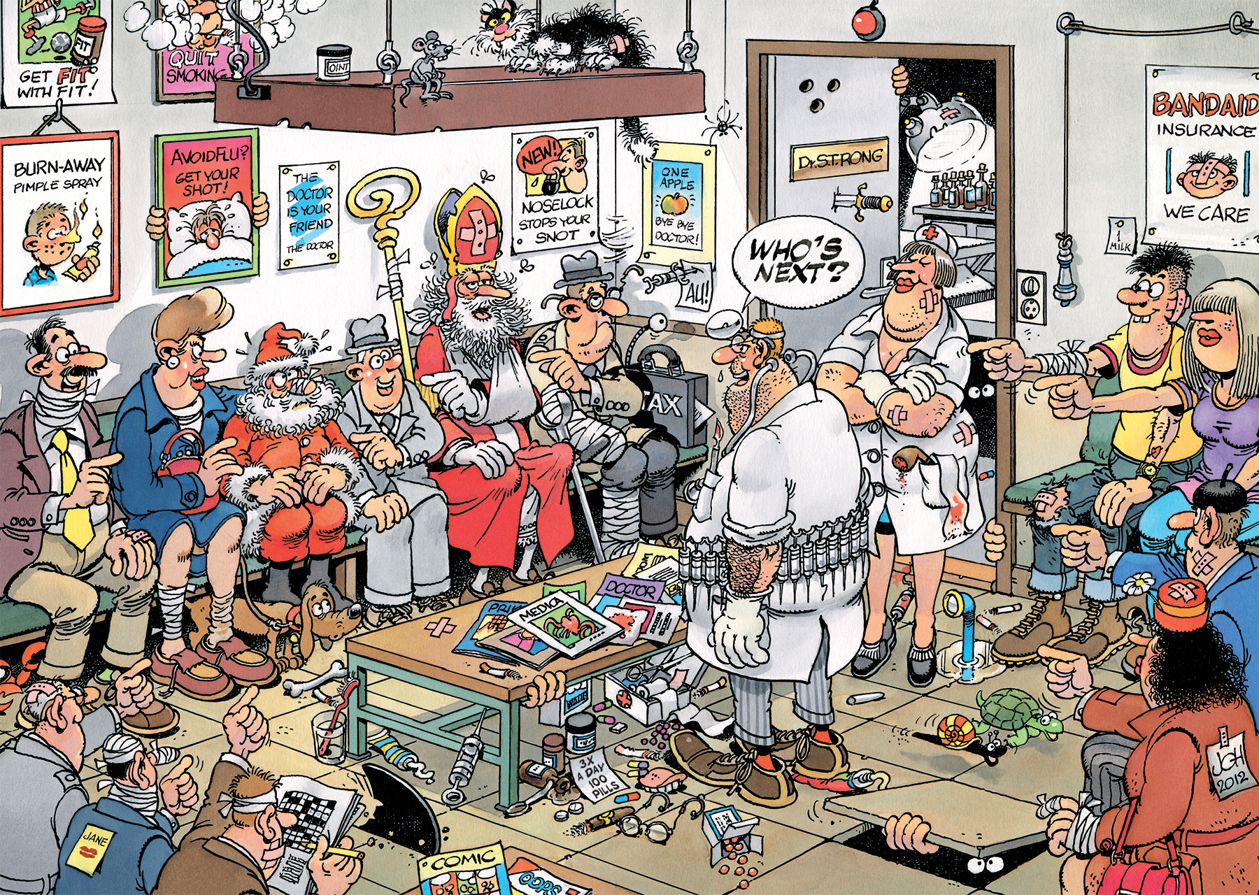 Escena de dibujos animados en un consultorio médico. Los pacientes esperan, un médico está de pie y una enfermera señala. Hay carteles y artículos médicos.
