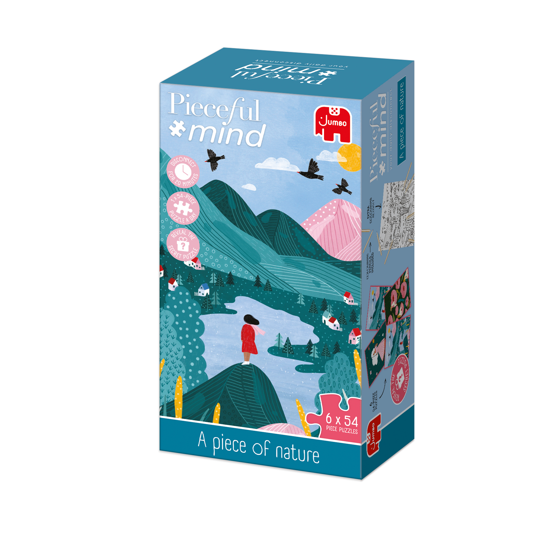 Eine Puzzleschachtel zeigt eine Naturszene mit Bergen, einem See, Bäumen, einer Frau, Vögeln und Puzzleteilen.