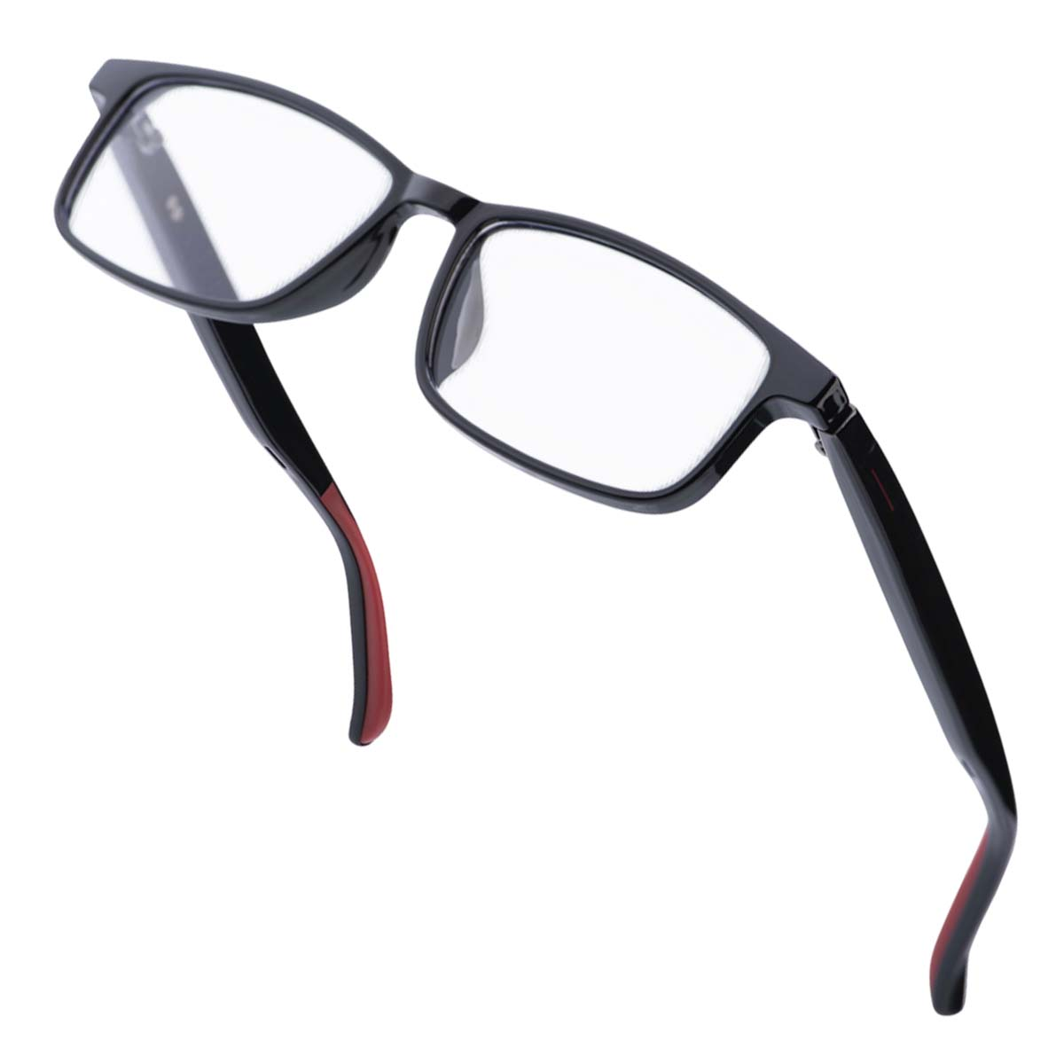 Eine Brille mit schwarzem Rahmen und klaren Gläsern, die Bügel haben rote Spitzen. Die Brille ist auf weißem Hintergrund isoliert.