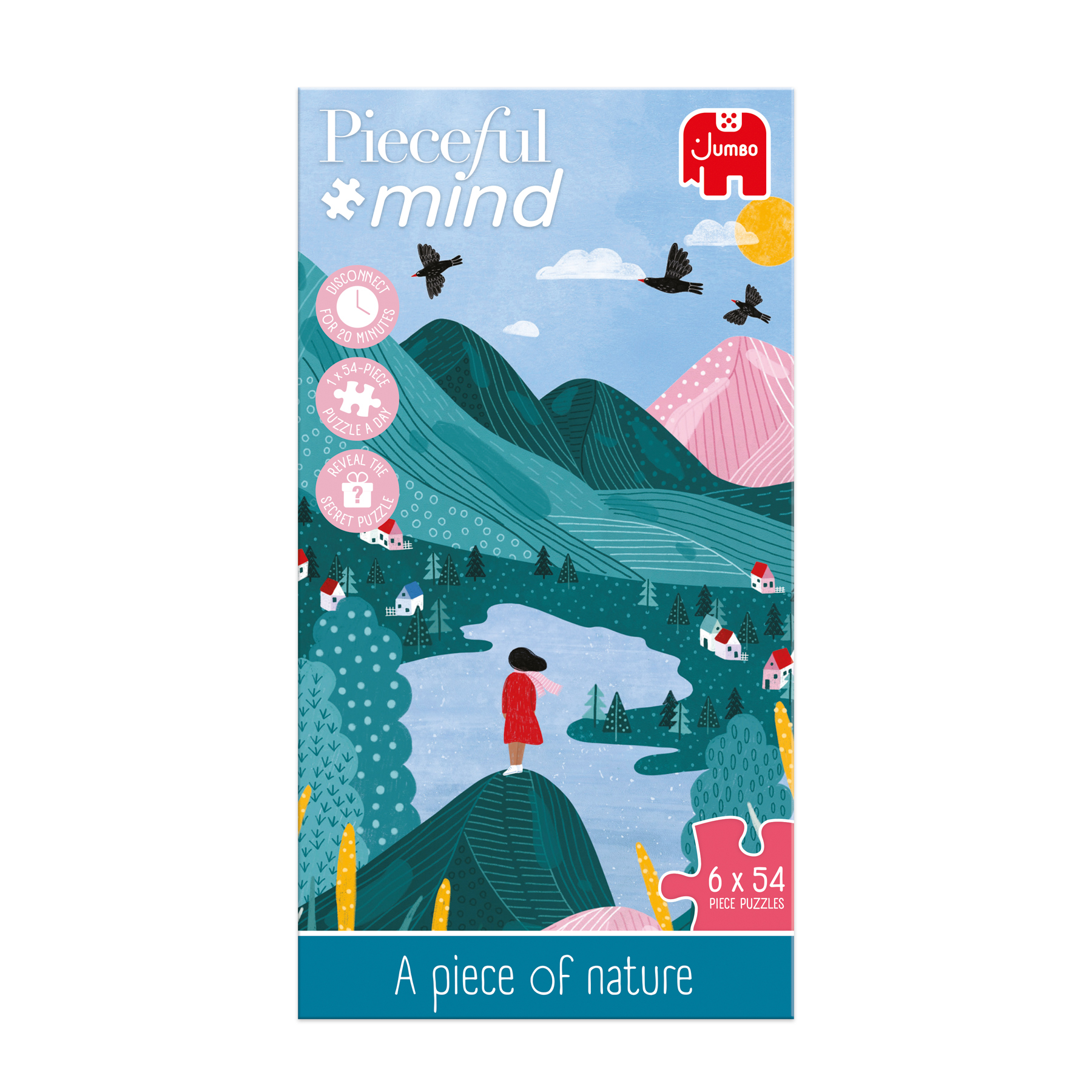 Puzzledose mit einer Naturszene. Eine Person in Rot steht auf einem Hügel mit Blick auf einen See und kleine Häuser.