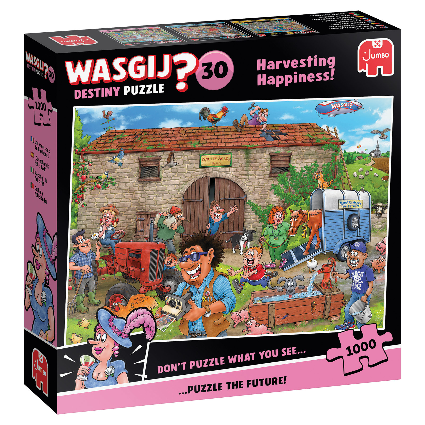 Eine bunte Puzzleschachtel zeigt eine Bauernhofszene mit Menschen, Tieren und einem Traktor. Der Titel lautet 'Harvesting Happiness'.