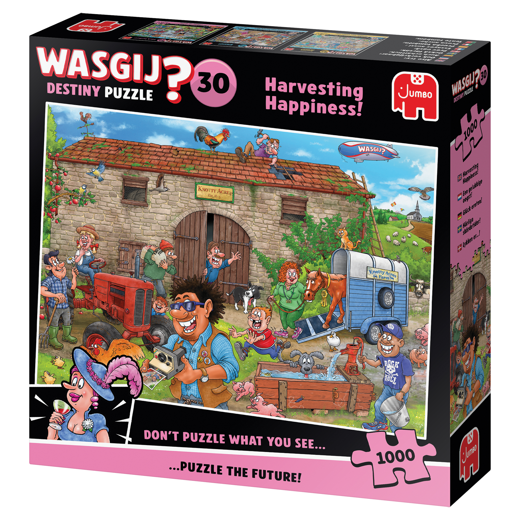 Puzzledose mit Cartoon-Bauernhofszene: Menschen, Tiere, ein Traktor und ein Luftschiff.