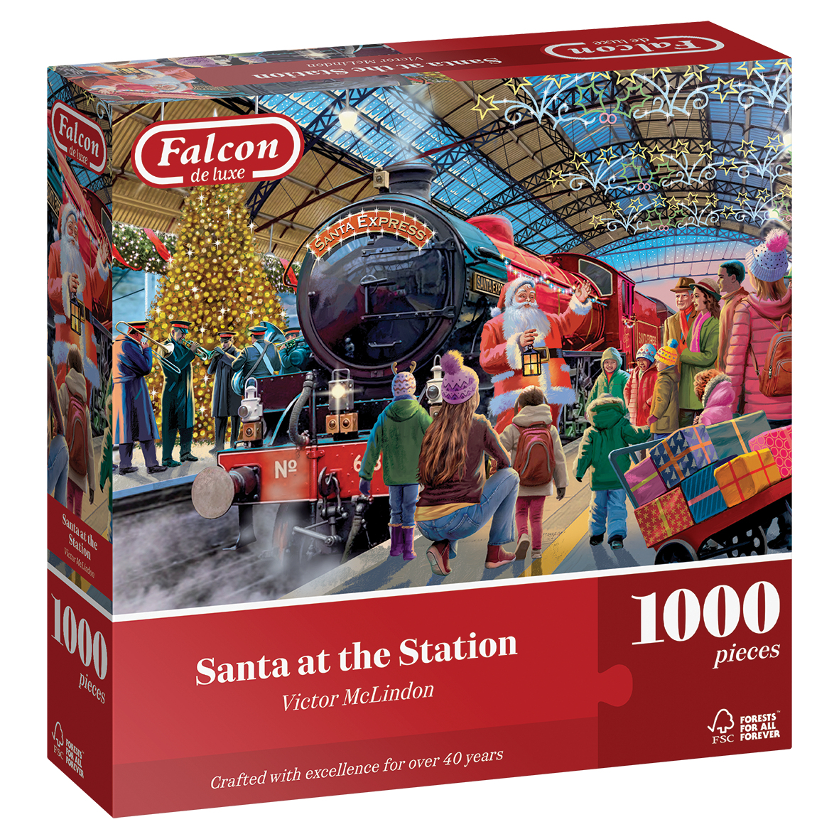 Auf einer Puzzledose ist der Weihnachtsmann an einem Bahnhof abgebildet. Der Weihnachtsmann steht an einem Dampfzug mit der Aufschrift Santa Express, umgeben von Menschen und einem Weihnachtsbaum.