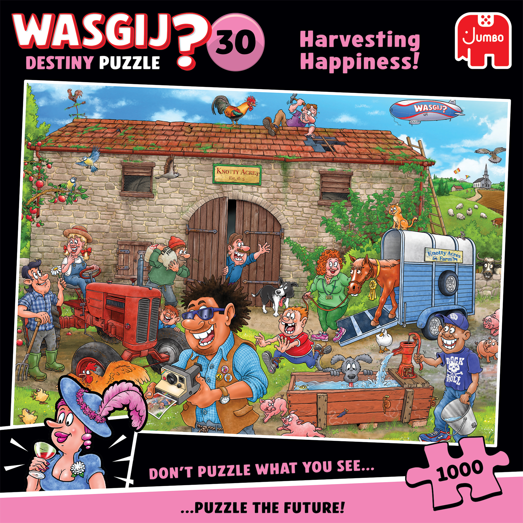 Ein farbenfrohes Cartoon einer Bauernhofszene mit vielen Charakteren, Tieren und Objekten. Ein Puzzle-Kunstwerk.