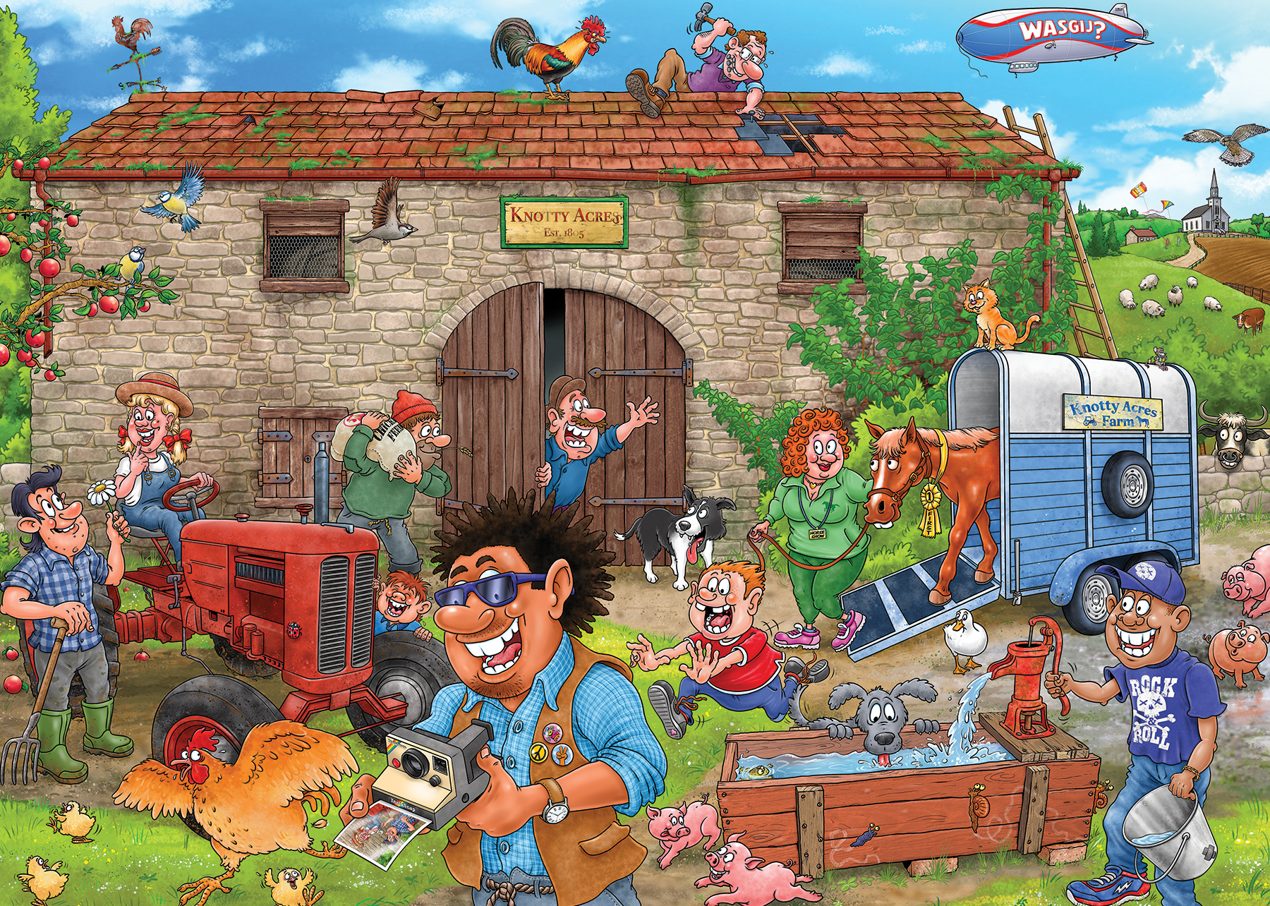 Eine farbenfrohe Cartoon-Bauernhofszene mit Menschen, Tieren und Gebäuden. Ein Mann macht ein Foto. Ein Blimp schwebt am Himmel.