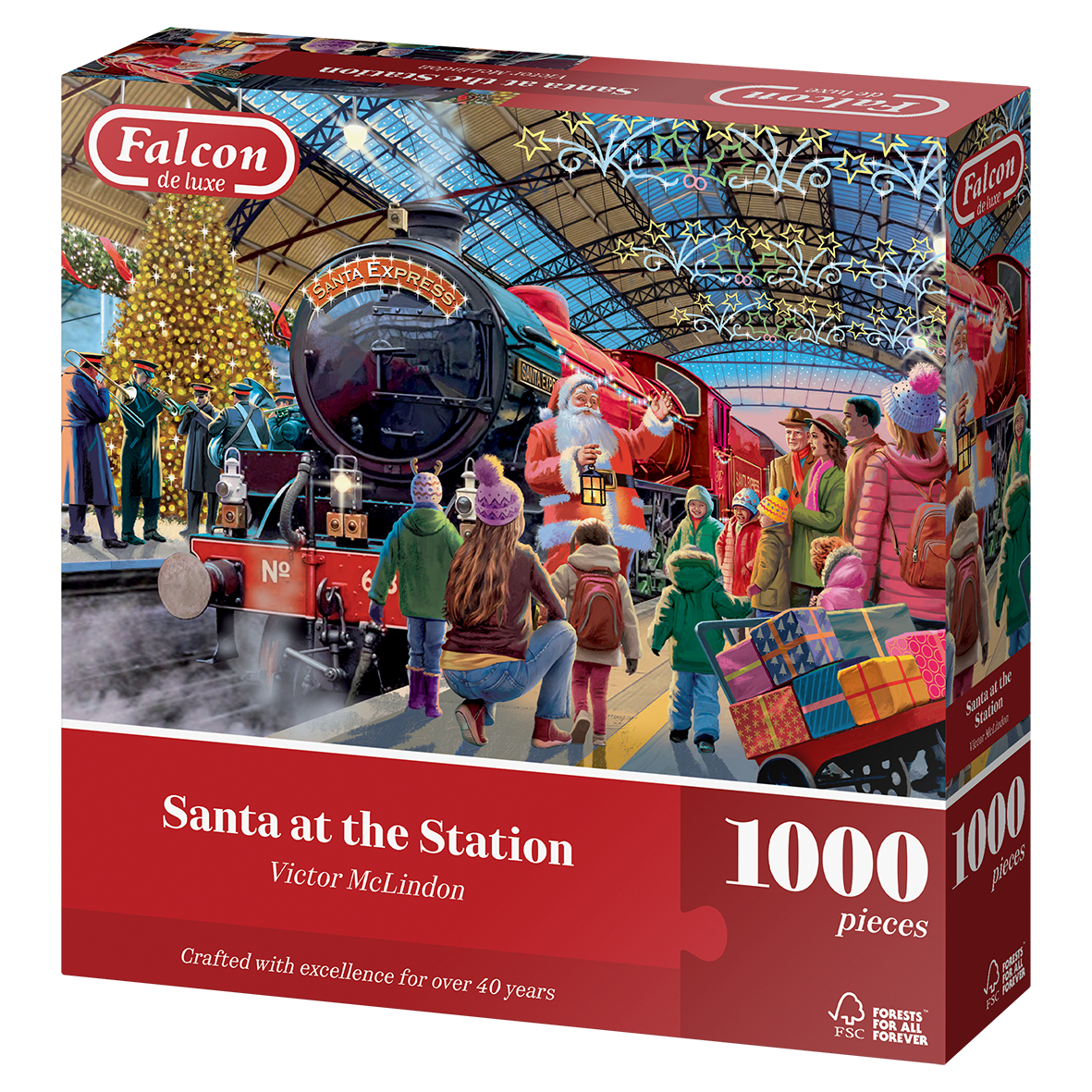 Eine Puzzleschachtel zeigt Santa am Bahnhof. Santa steht an einem Dampfzug. Menschen und Kinder stehen auf dem Bahnsteig, und ein Weihnachtsbaum.