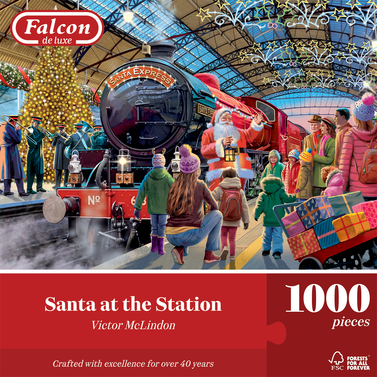 Weihnachtsmann auf Bahnsteig mit Kindern und Erwachsenen. Geschenke auf einem Wagen. Ein Weihnachtsbaum und eine Band spielen Musik.