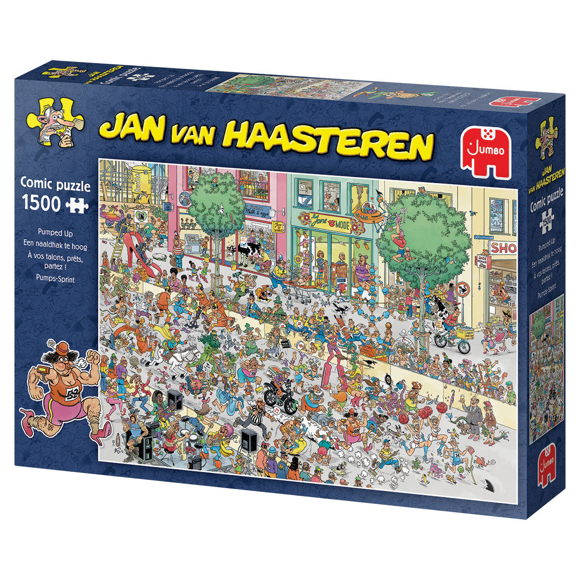 La caja del rompecabezas muestra una concurrida escena callejera con mucha gente, tiendas y un corredor. La marca es Jan van Haasteren, con el logo de Jumbo.