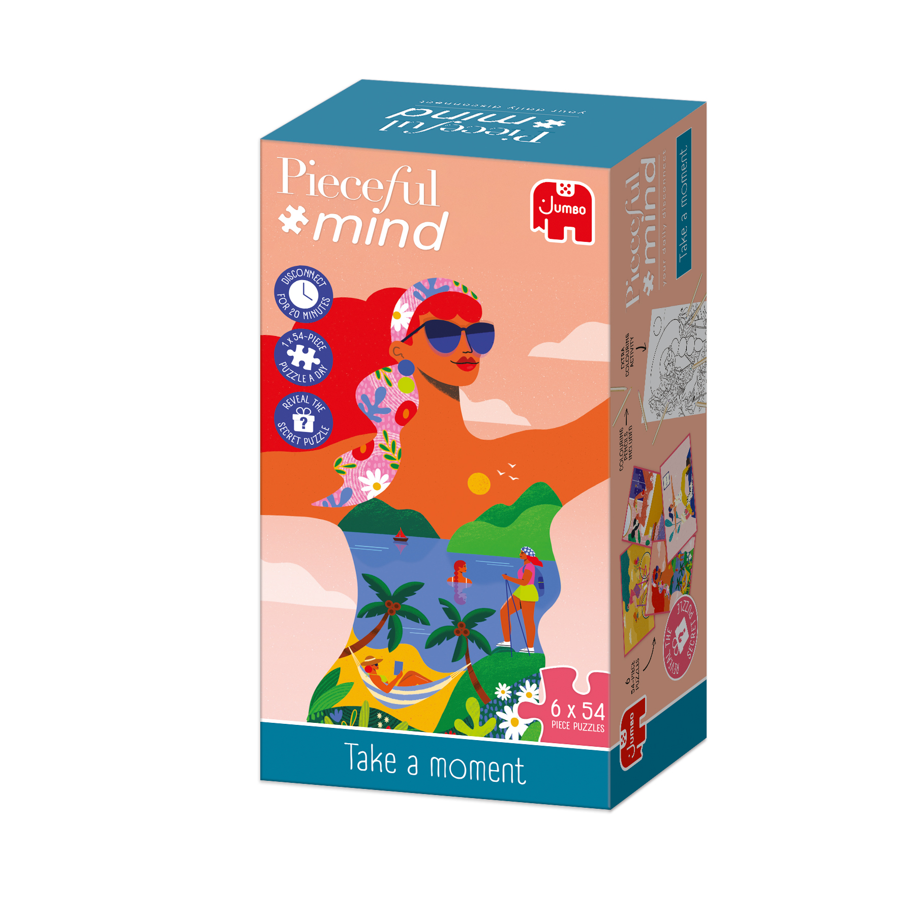 Puzzledose mit einer Illustration einer Frau mit Sonnenbrille. Sie zeigt eine Landschaft mit See, Palmen und Menschen.