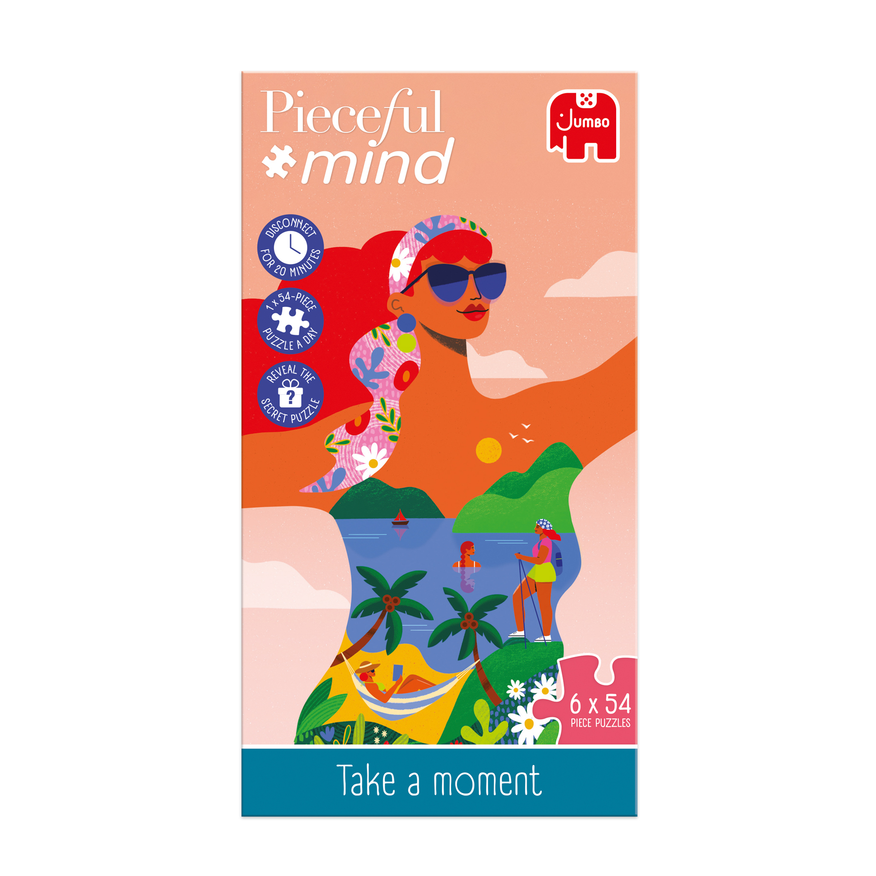 Puzzledose zeigt eine Frau mit Sonnenbrille, eine Strandszene und Text mit den Worten 'Pieceful Mind' und 'Take a moment'.