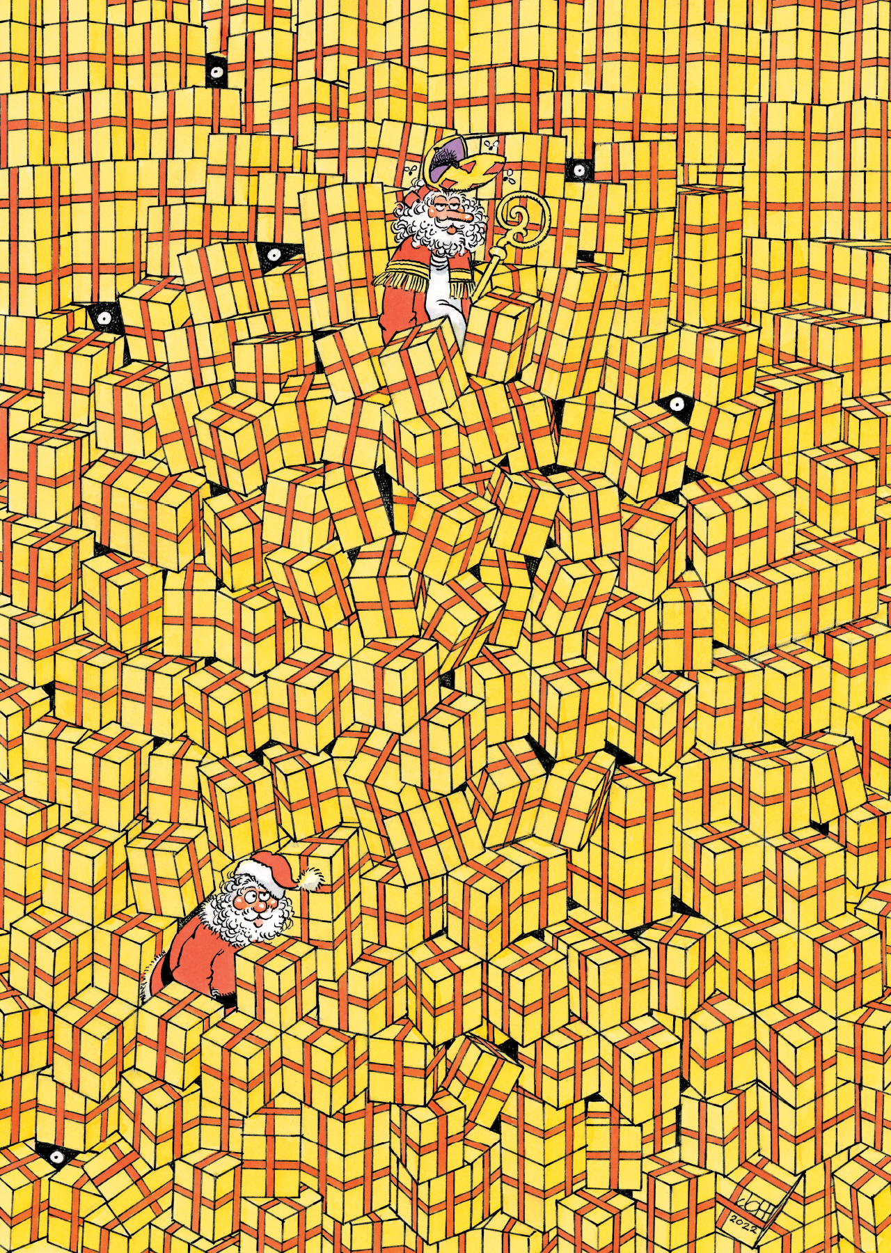 Ilustración de Papá Noel y otra figura entre muchos regalos envueltos en amarillo. Ojos negros están escondidos en los regalos.