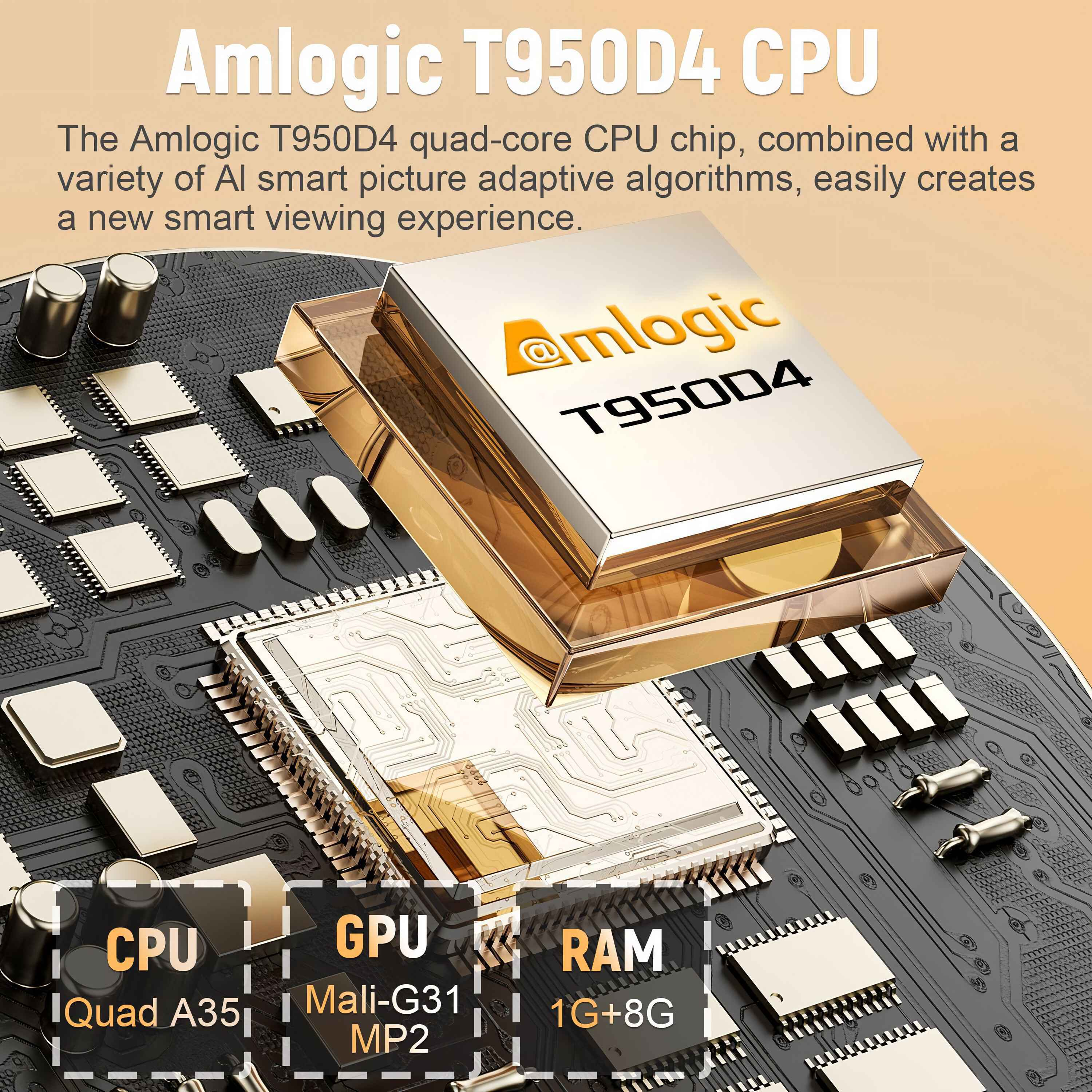 Bild eines CPU-Chips mit Textüberlagerung. Die CPU ist mit T950D4 beschriftet. Merkmale umfassen CPU-, GPU- und RAM-Details.