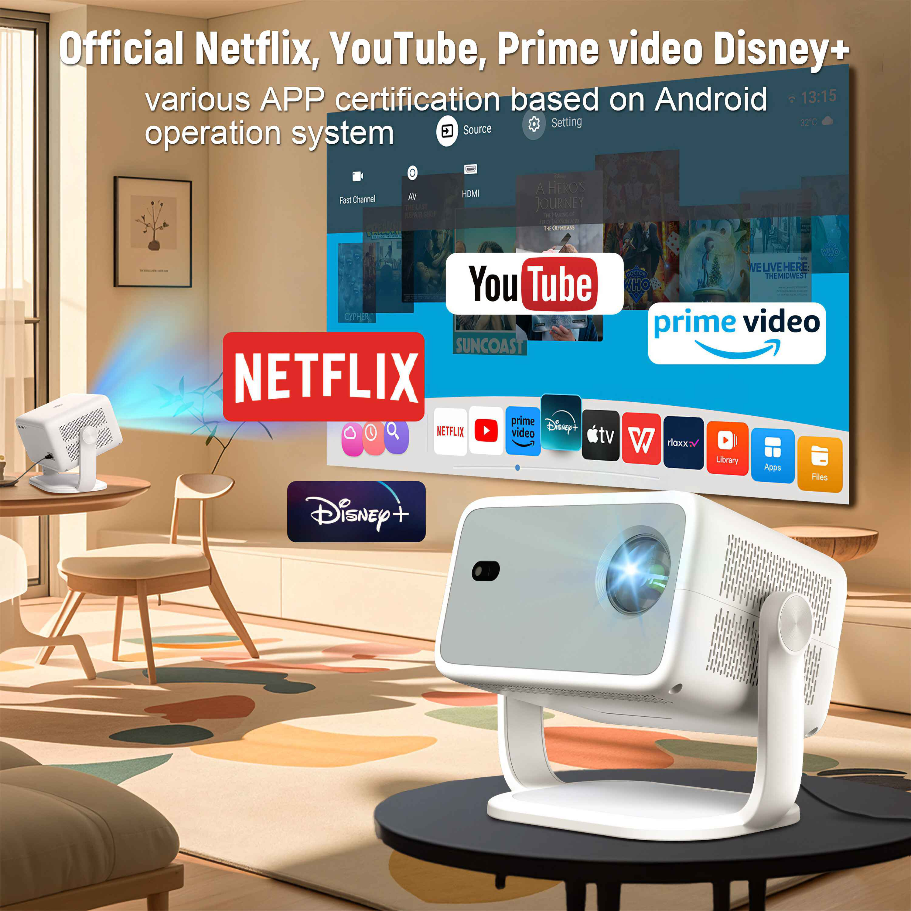 Ein weißer Projektor projiziert auf einen Bildschirm mit Apps wie Netflix und YouTube. Eine Raumeinstellung ist sichtbar.