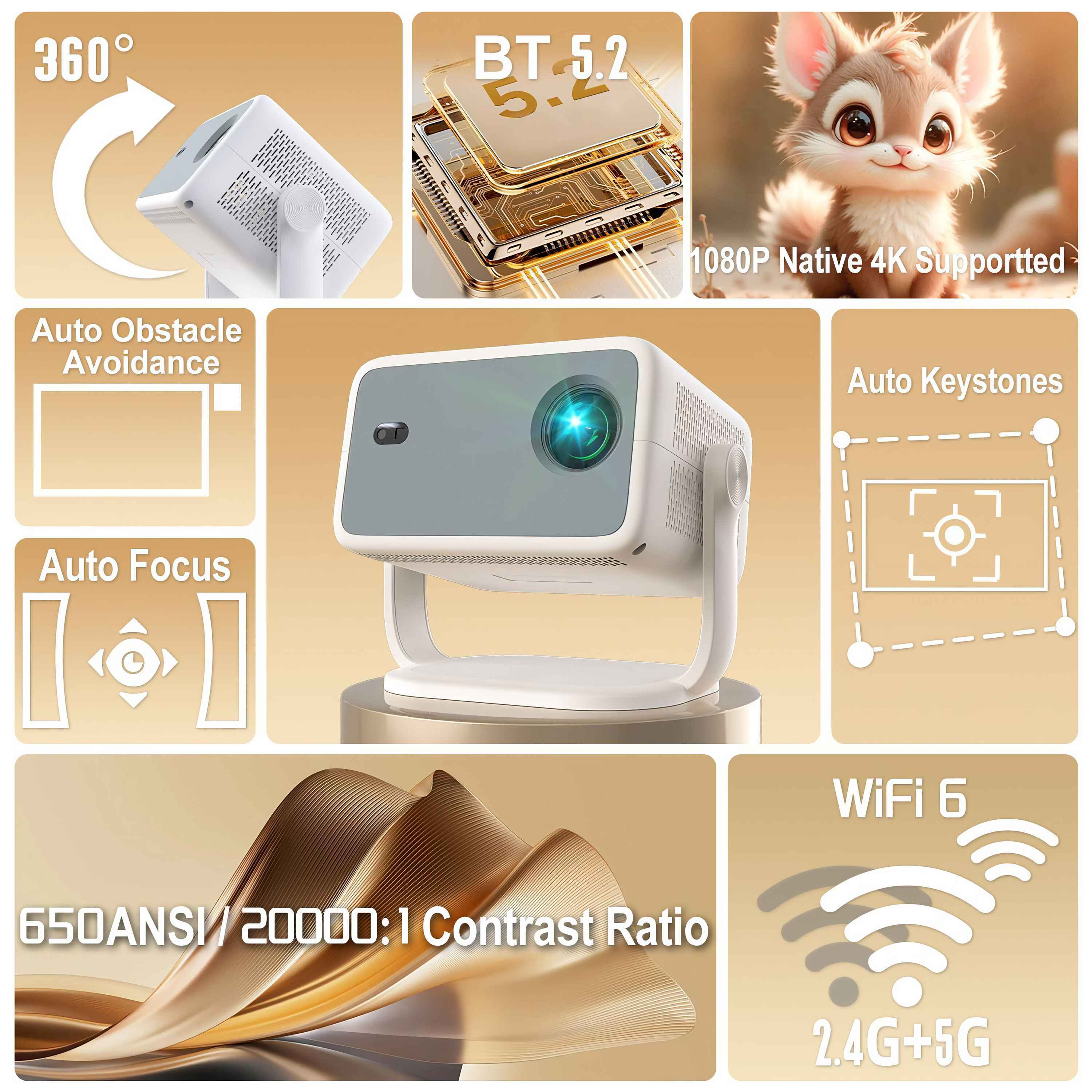 Ein weißer Projektor mit Etiketten: 360°, BT 5.2, Hindernisvermeidung, Autofokus, automatische Trapezkorrektur, WiFi 6.