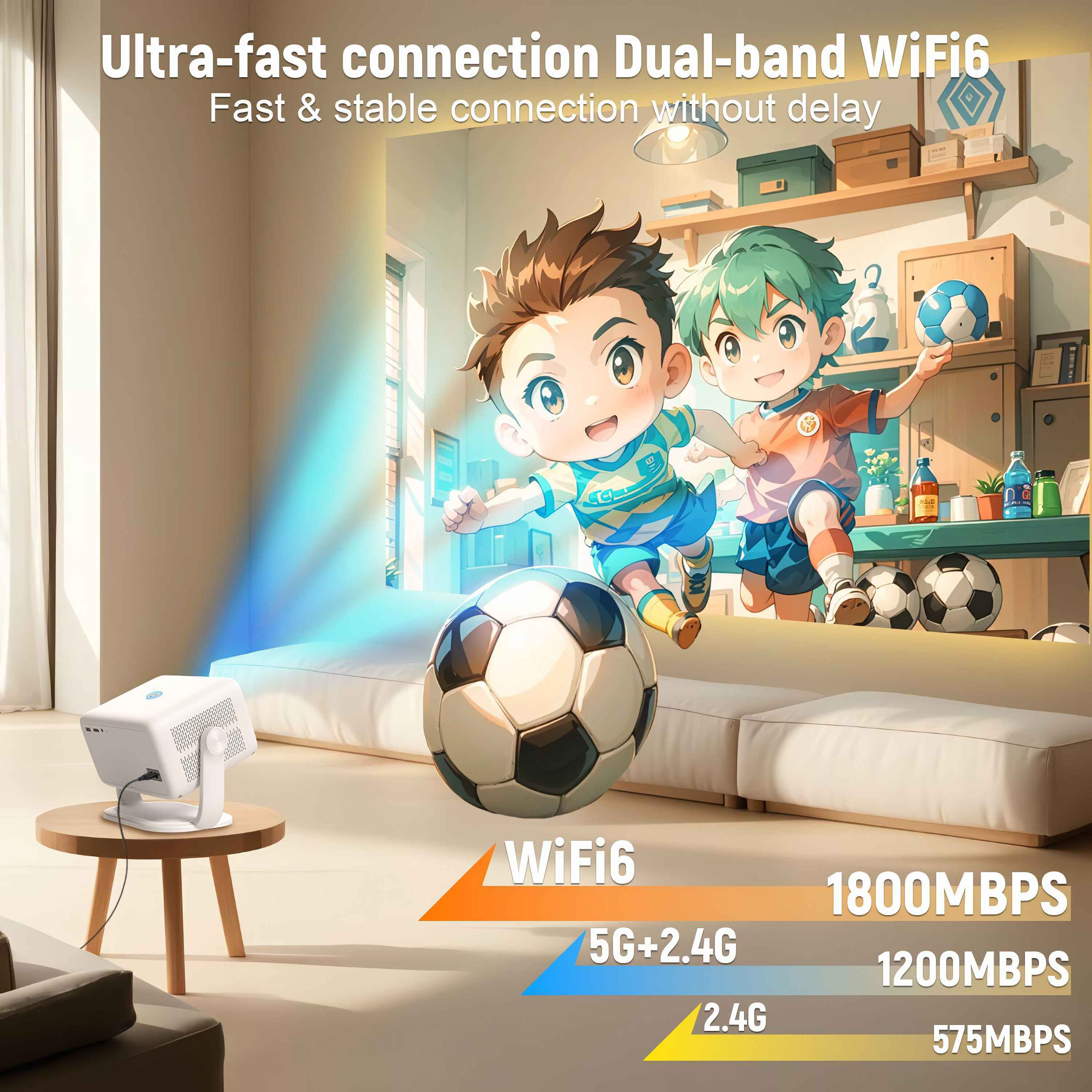 Zwei Cartoon-Jungen spielen Fußball. Ein Projektor steht auf einem Tisch. Wifi6-Geschwindigkeiten werden angezeigt.