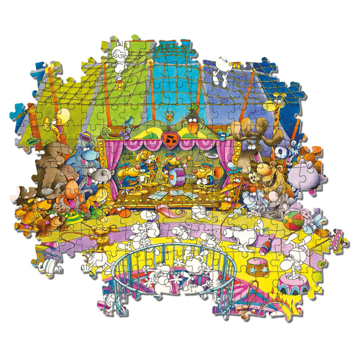 Ein farbenfrohes Zirkus-Puzzle mit Tierfiguren. Eine Band spielt auf der Bühne, während andere zuschauen. Ein kleiner Zaun umschließt einige Figuren.