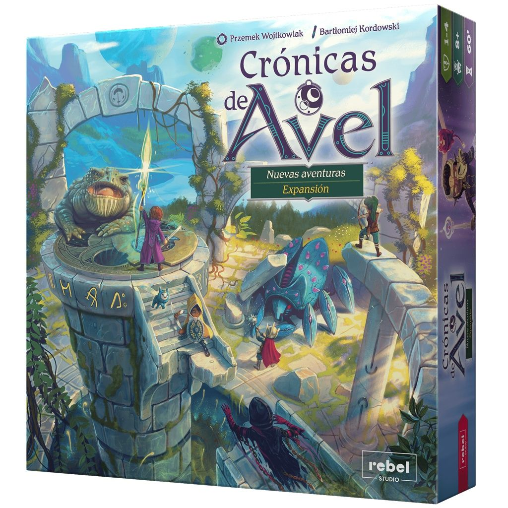 Arte de la caja del juego. Los personajes están de pie sobre una estructura de piedra. Una rana gigante está en la cima. El título es Crónicas de Avel.