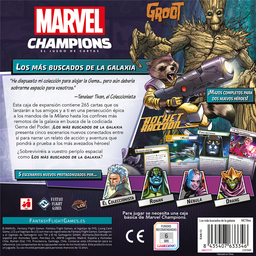 Kartenspielbox. Rocket Raccoon und Groot sind abgebildet. Der Titel lautet 'Marvel Champions'.