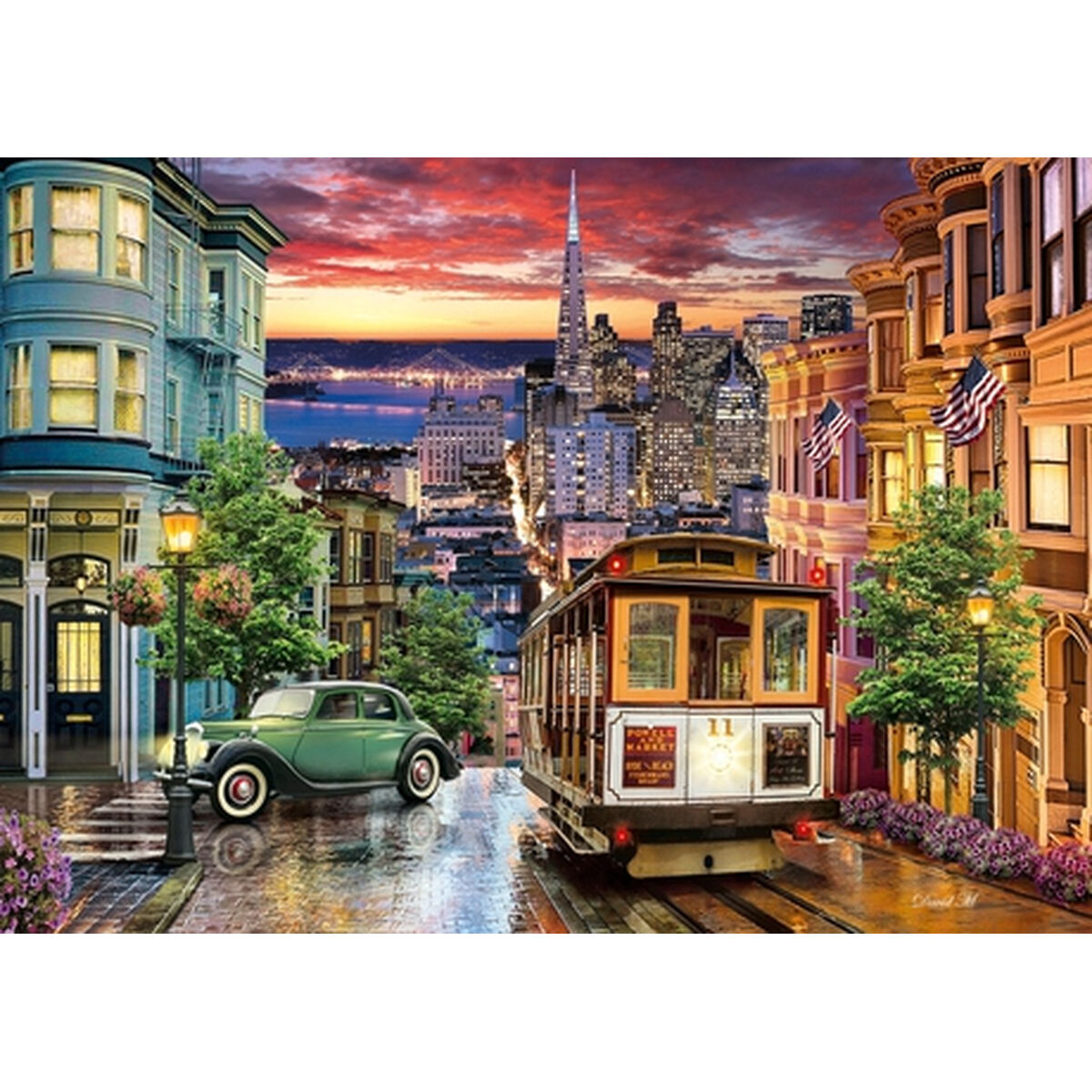 Scena di San Francisco con cable car, auto, edifici e skyline al tramonto. Bandiere americane sugli edifici.
