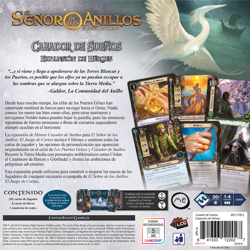 Kartenspielbox. Titel: Cazador de Sueños. Charaktere auf Karten: Glorfindel, Denethor. Text auf Spanisch, mit Logos und Spieldetails.