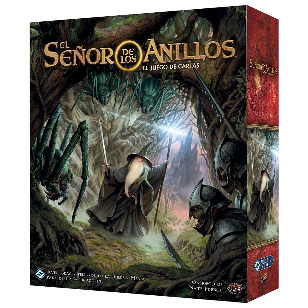 Schachtelkunst für das Kartenspiel 'El Señor de los Anillos'. Zeigt Gandalf, Spinnen und Orks. Der Titel ist oben in Gold gehalten.