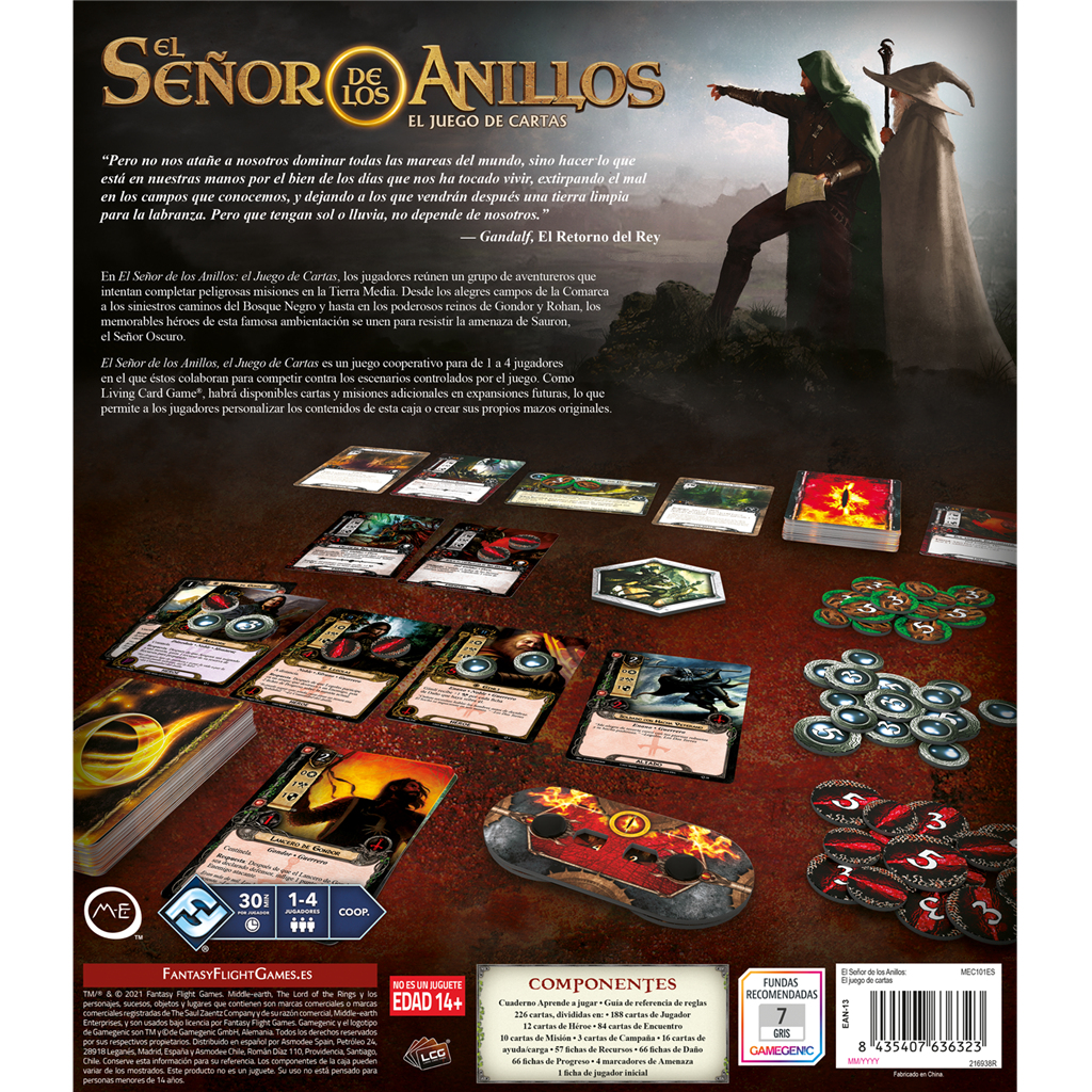 Die Herr der Ringe-Kartenspielbox. Karten, Spielsteine und Spielkomponenten sind sichtbar.