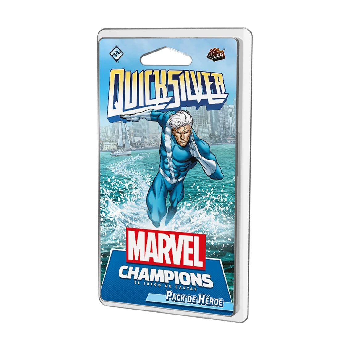 Un paquete de juego de cartas. Quicksilver con traje azul corre sobre el agua. Se ve "Marvel Champions" y "Pack de Héroe".