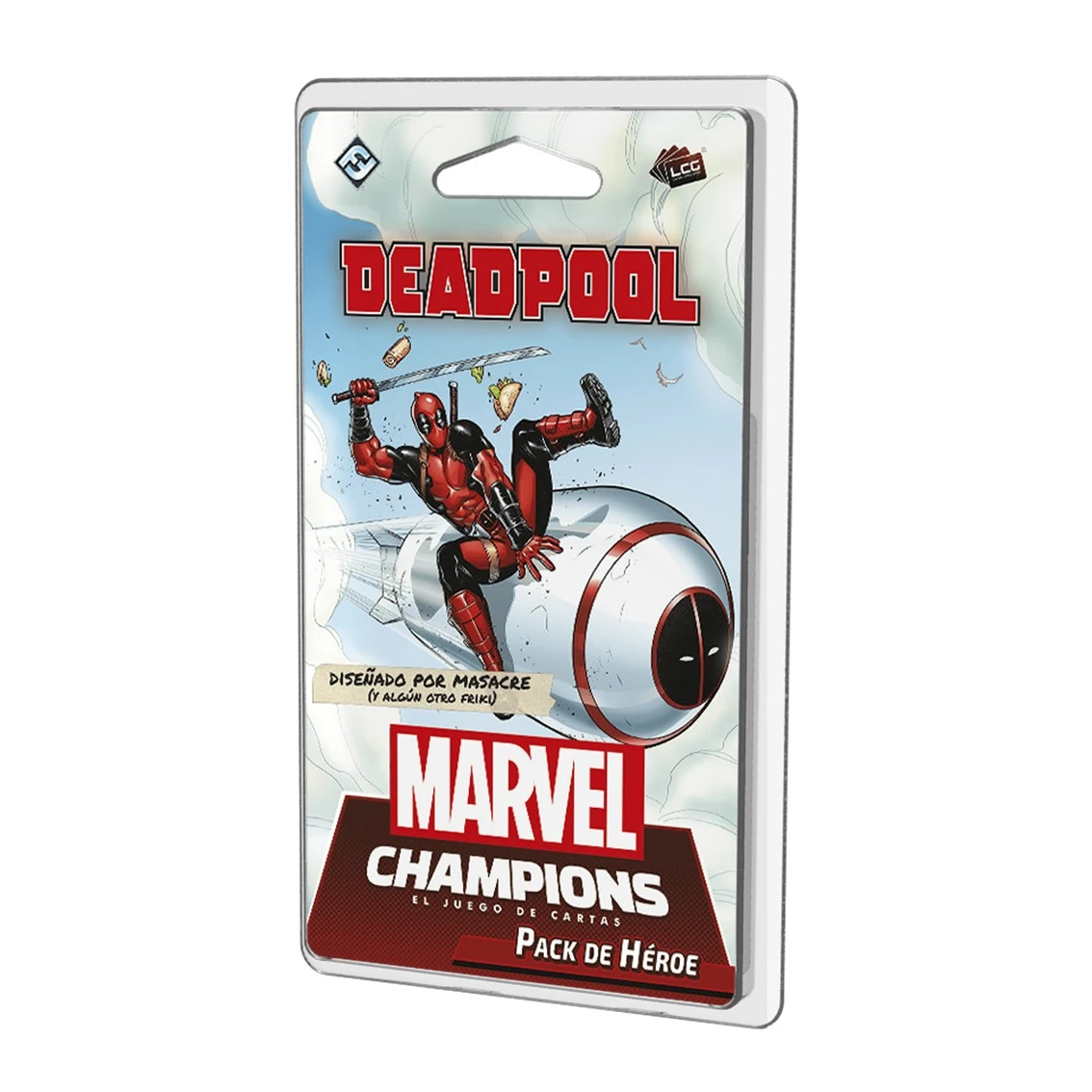 Paquete de cartas de cómic de Deadpool. Deadpool con traje rojo y negro, sosteniendo una espada. Fondo blanco con el logo de Marvel Champions.