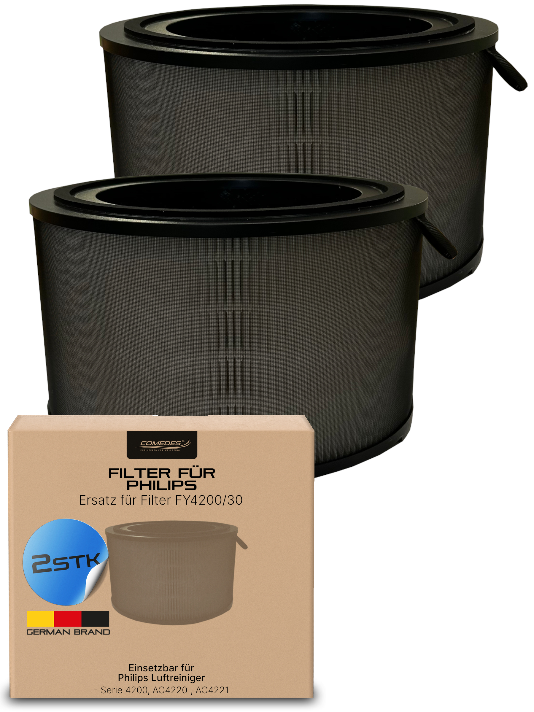 Zwei schwarze Luftfilter mit Griffen und eine Box mit Produktdetails. Weißer Hintergrund.