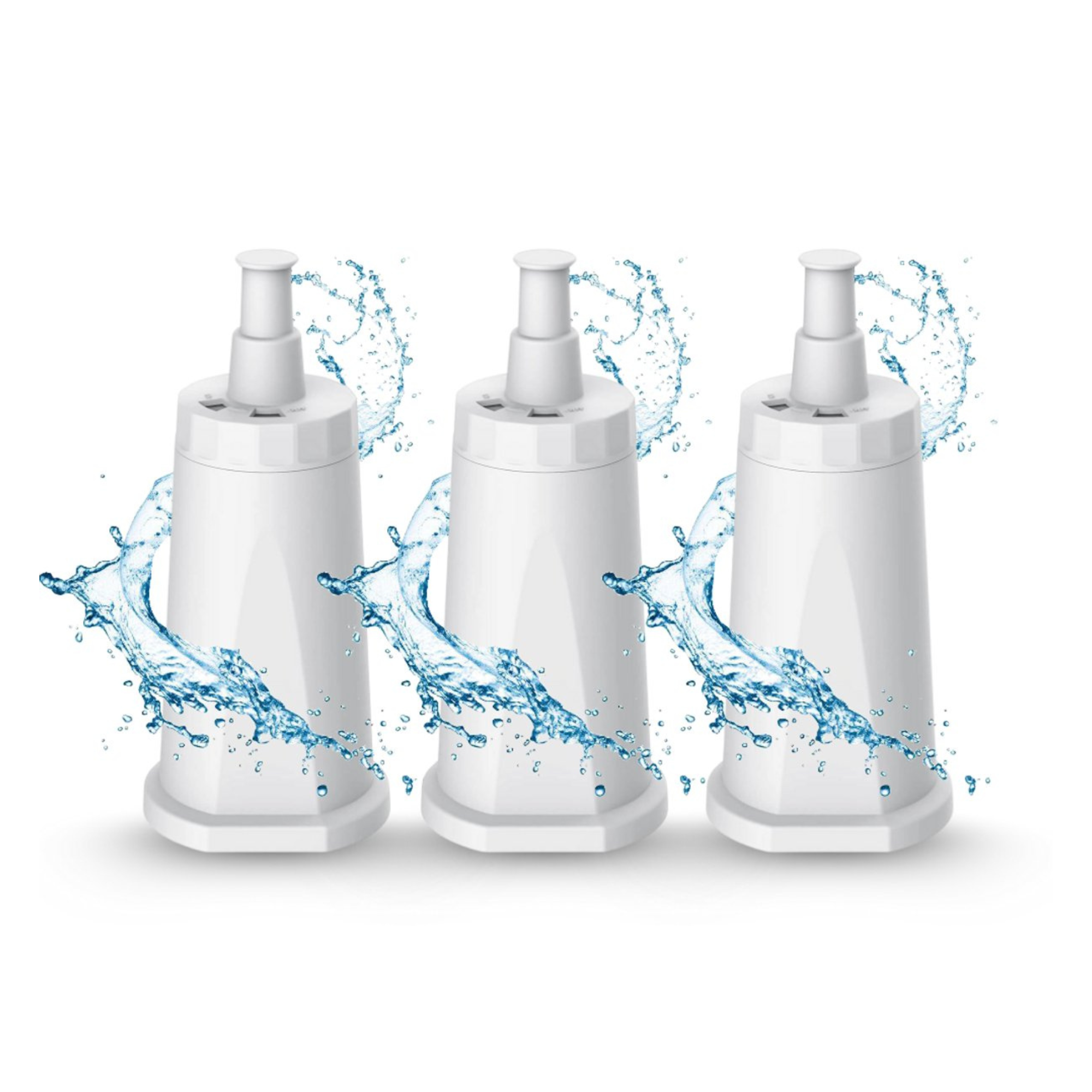 Drie witte waterfilters met opspattend water, tegen een witte achtergrond. De filters zijn cilindrisch.