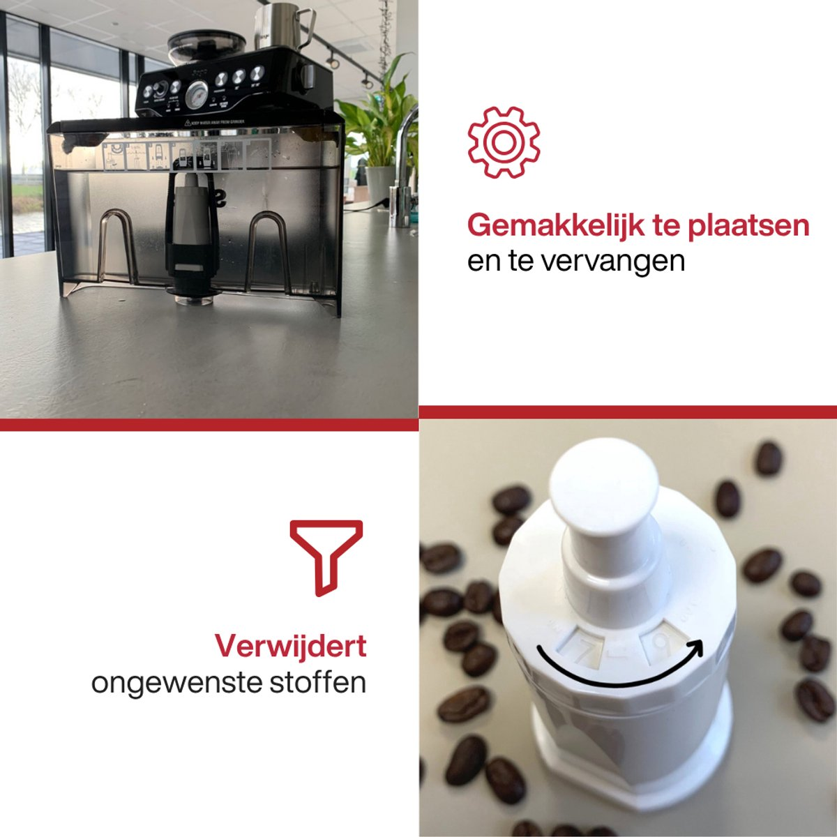 Koffiemachine en filter. Filter verwijdert ongewenste stoffen. Filter is gemakkelijk te plaatsen en te vervangen. Koffiebonen rondom het filter.