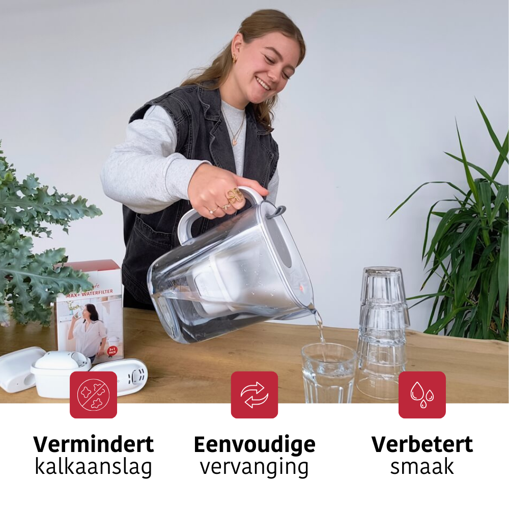 A woman pours water from a filter jug into a glass. A water filter box and glasses are on the table. Text: Reduces limescale.