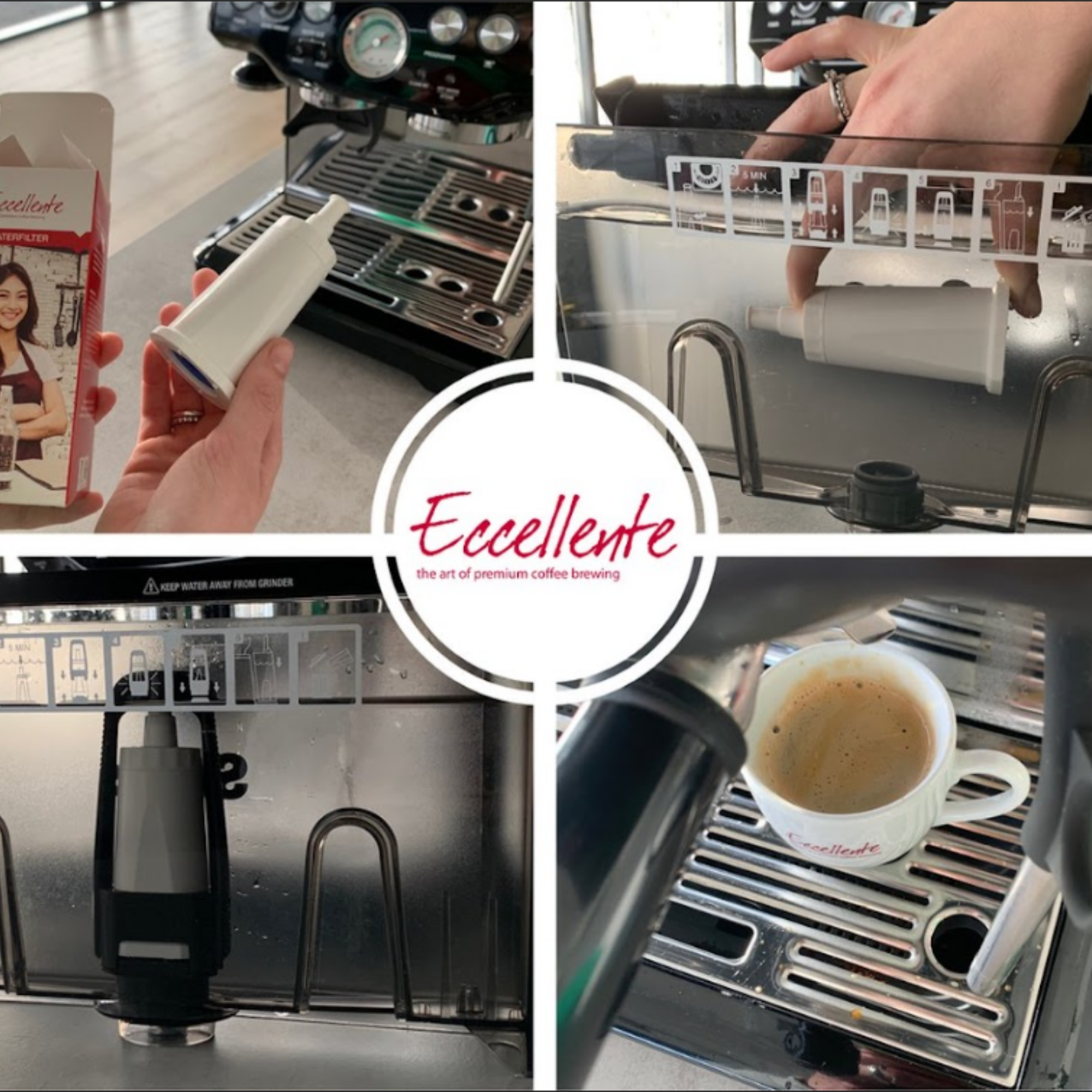 Image shows coffee machine parts, a filter, and a cup of coffee. The Eccellente logo is in the center.