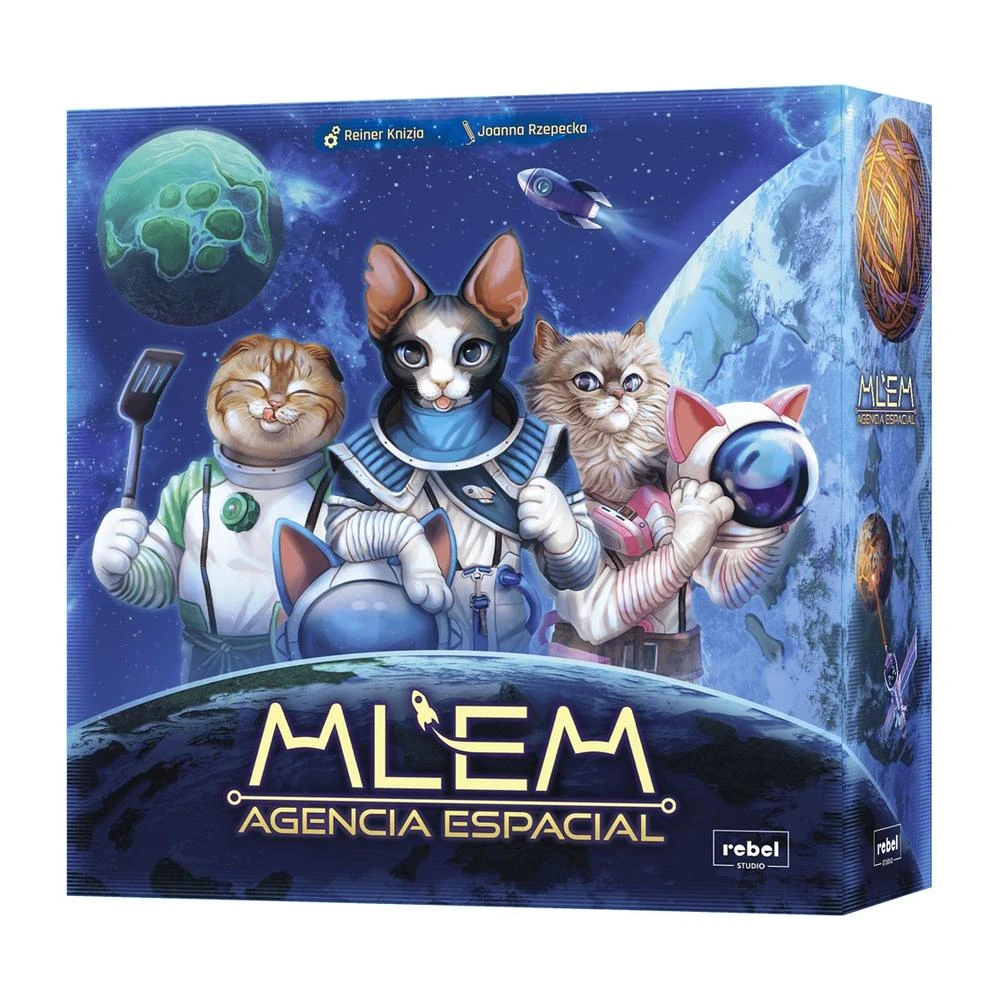 Arte de la caja: Gatos con trajes espaciales. El título es 'Mlem Agencia Espacial'. Planetas, un cohete y estrellas llenan el fondo.