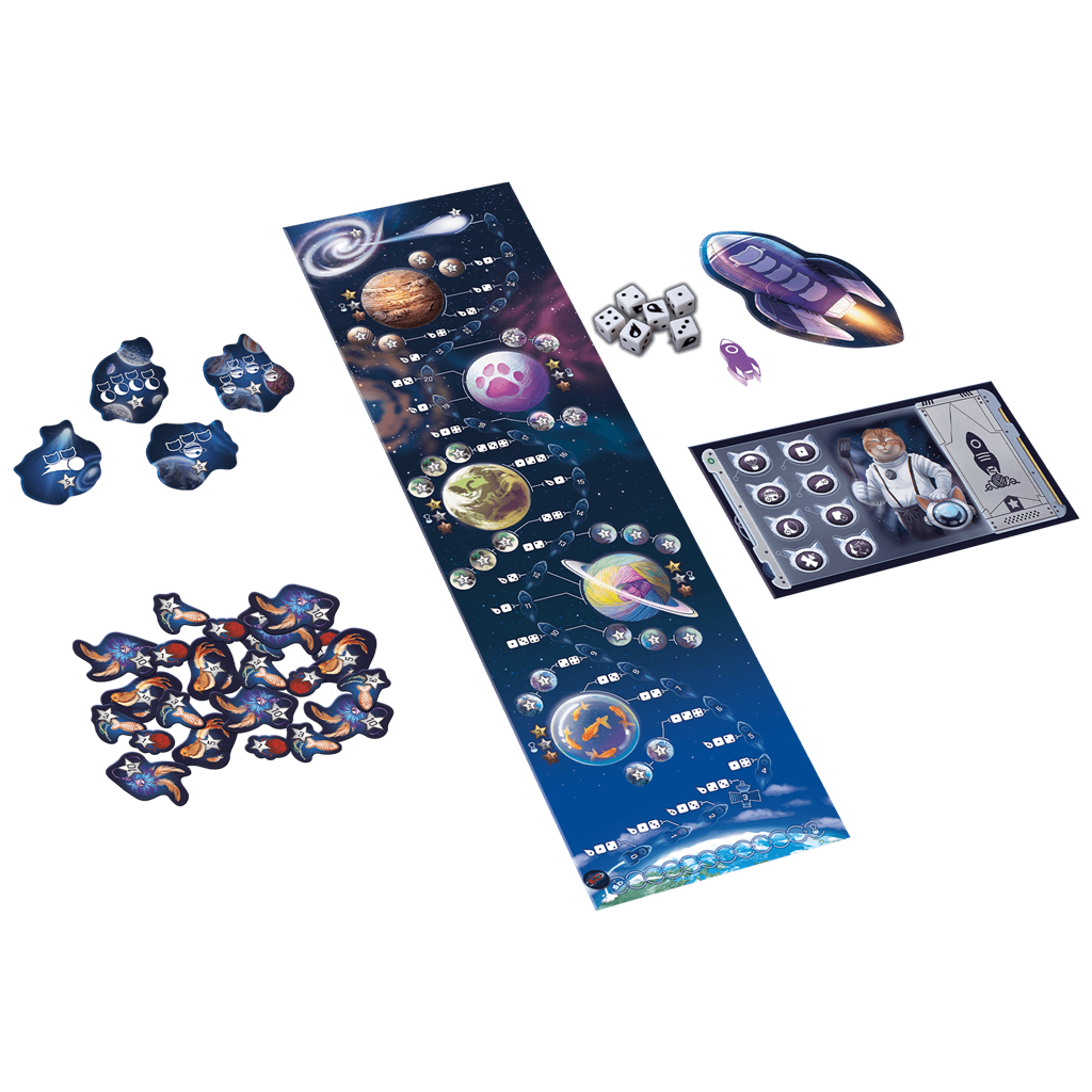 Un juego de mesa espacial con piezas como planetas, dados, cohete y cartas de jugador, todo sobre un fondo estrellado.