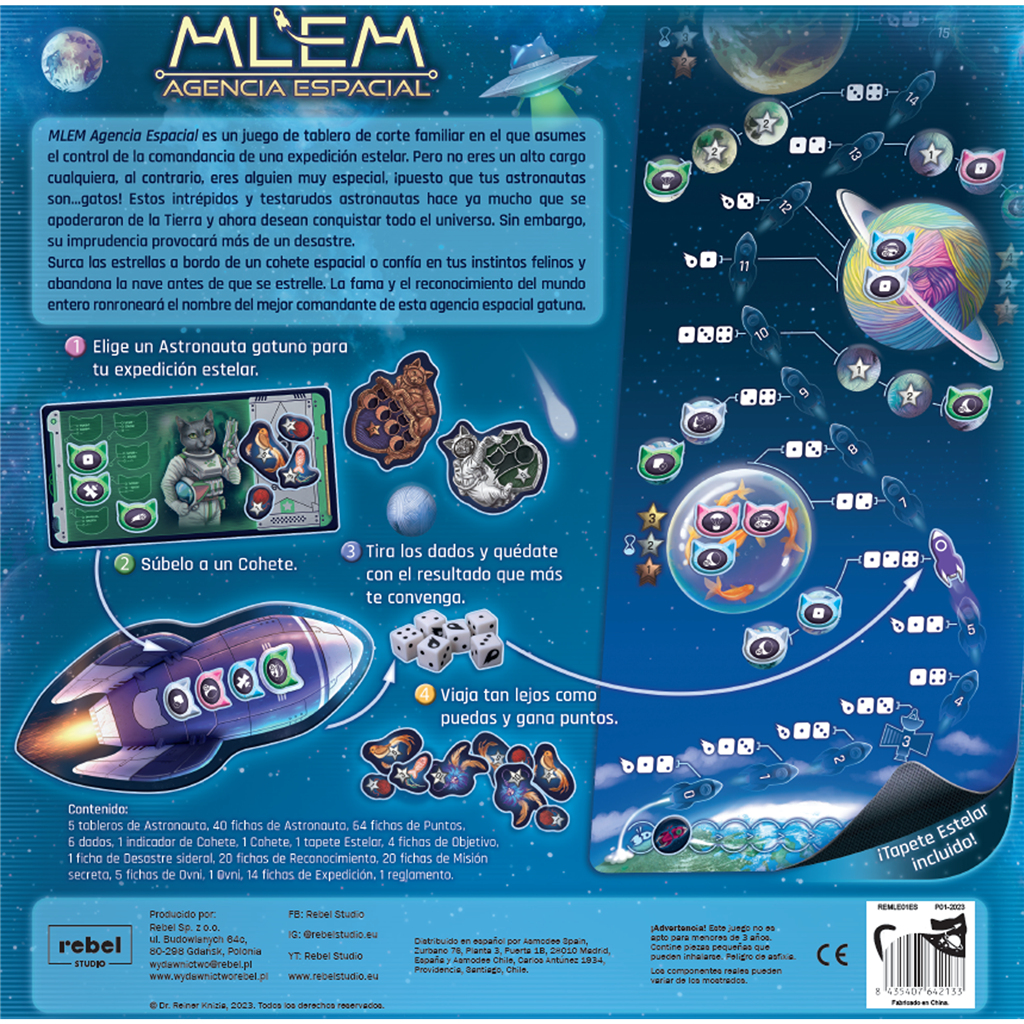 Caja de juego de mesa, con texto e ilustraciones sobre el espacio y gatos. Incluye dados, fichas y un tapete en forma de estrella.