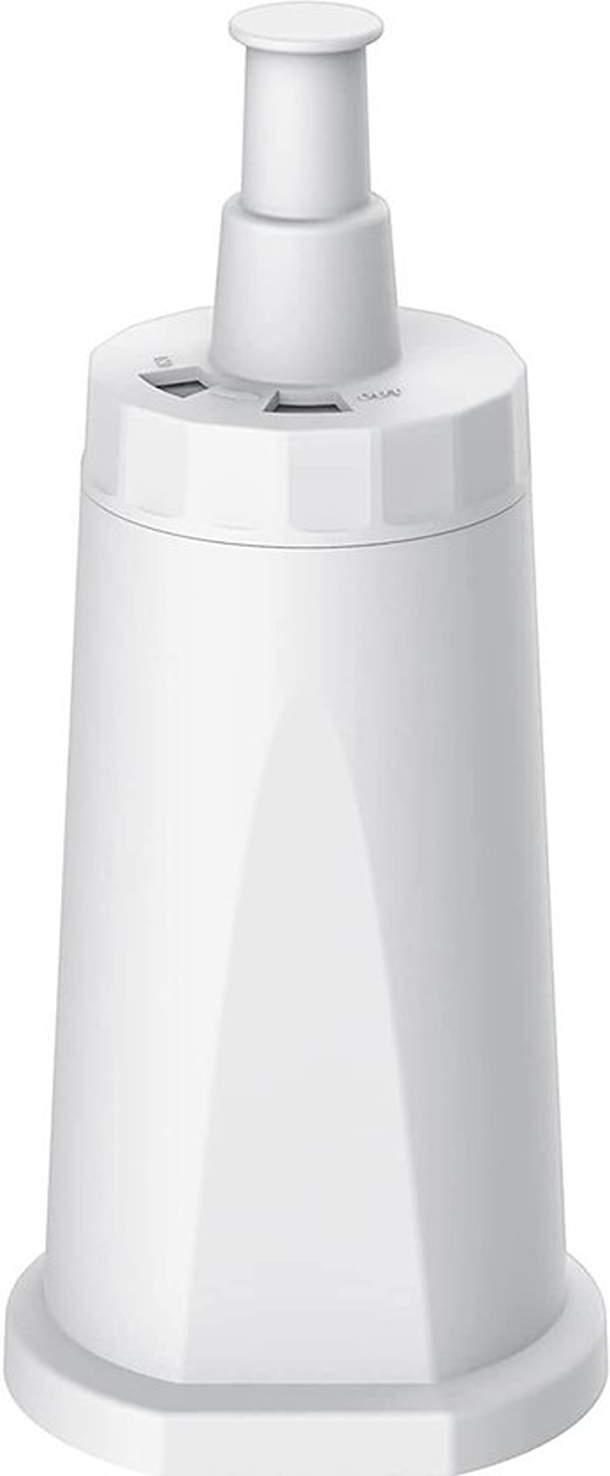 A white water filter. It has a cylindrical body with a conical shape. A white cylinder is on top. The base is also white.