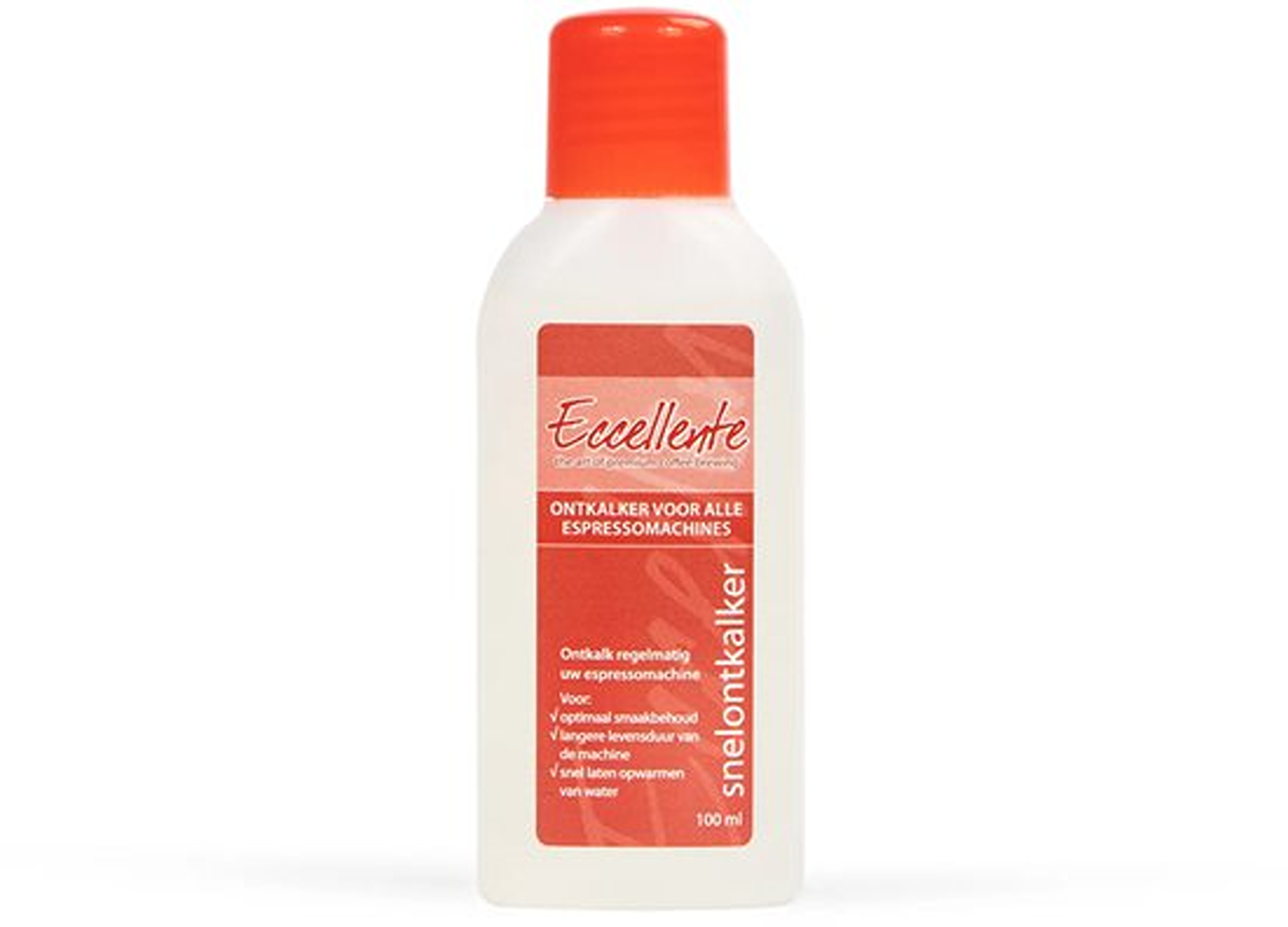 White bottle with red cap and label. Label says 'Eccellente' and 'Ontkalker voor alle espressomachines'. Contains 100 ml.