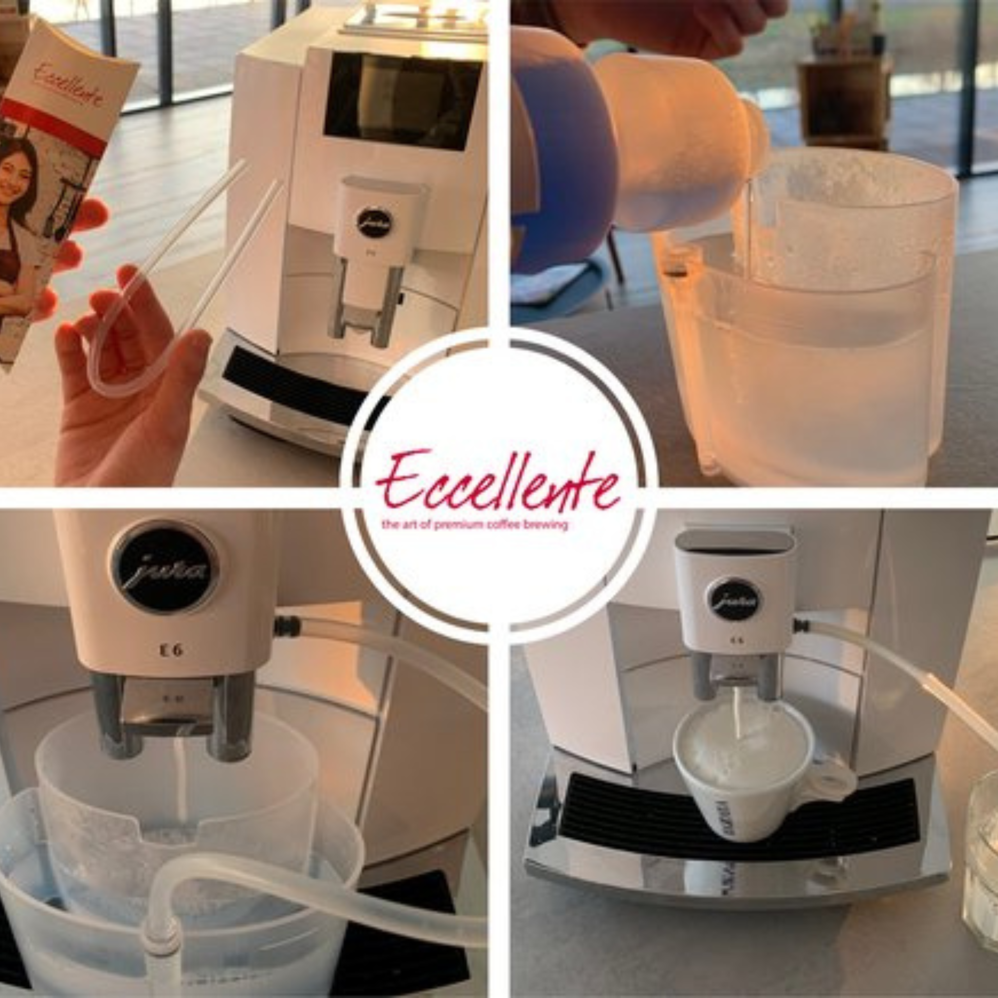 A coffee machine in action, with a cup being filled with milk foam. Various components and accessories are visible.