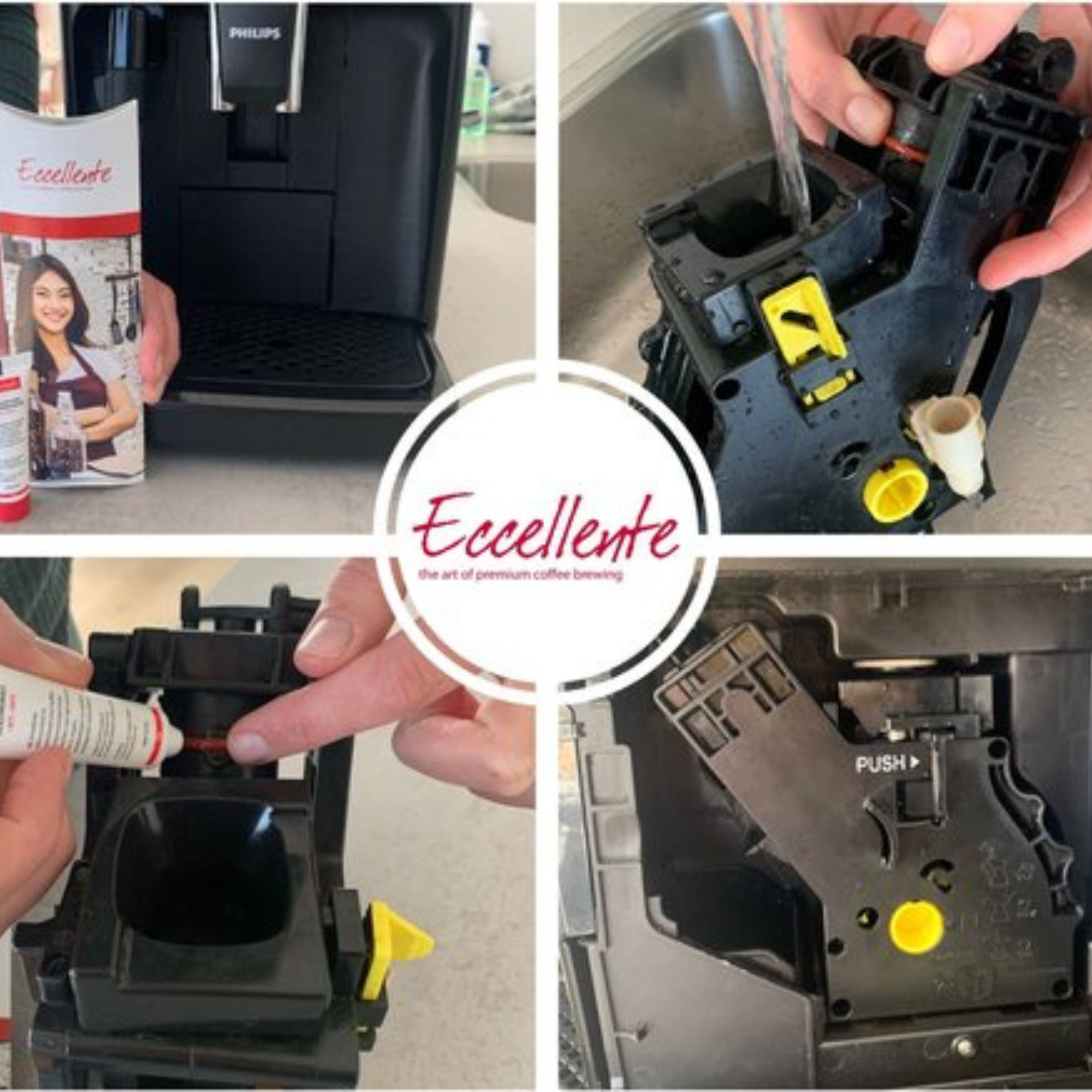 Four-panel image showing coffee machine cleaning. Hands, parts, and a cleaning product are visible. Philips logo is seen.