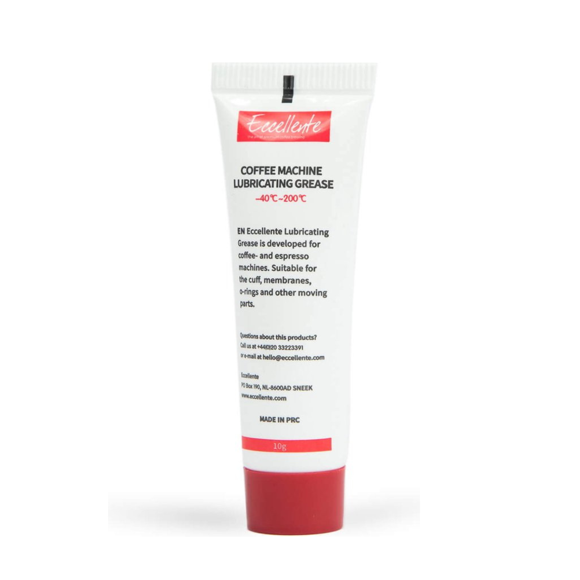 A white tube of Eccellente coffee machine lubricating grease with red accents, text, and details on it.