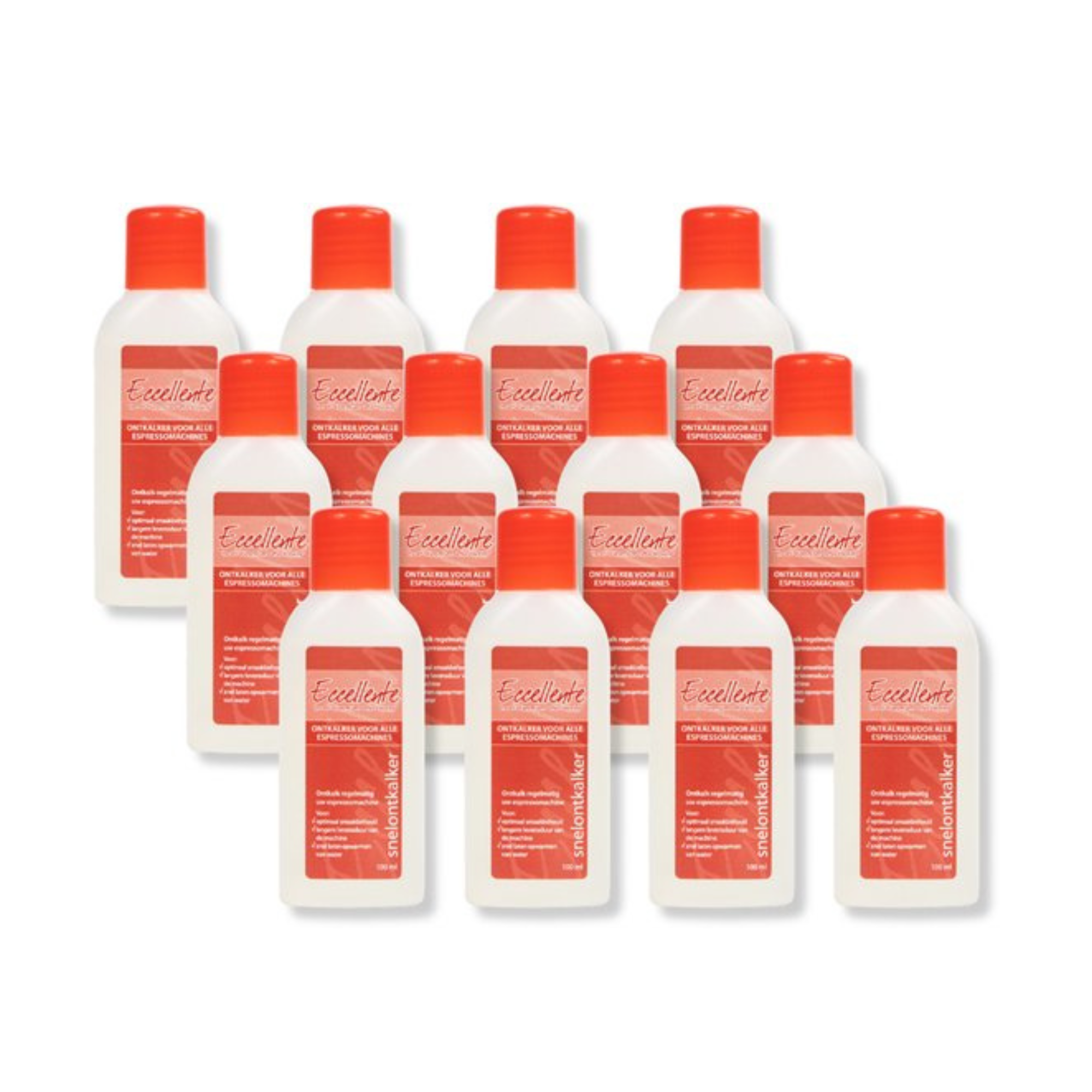 Un groupe de bouteilles avec des bouchons oranges et des étiquettes blanches avec texte rouge. Pour machines espresso.