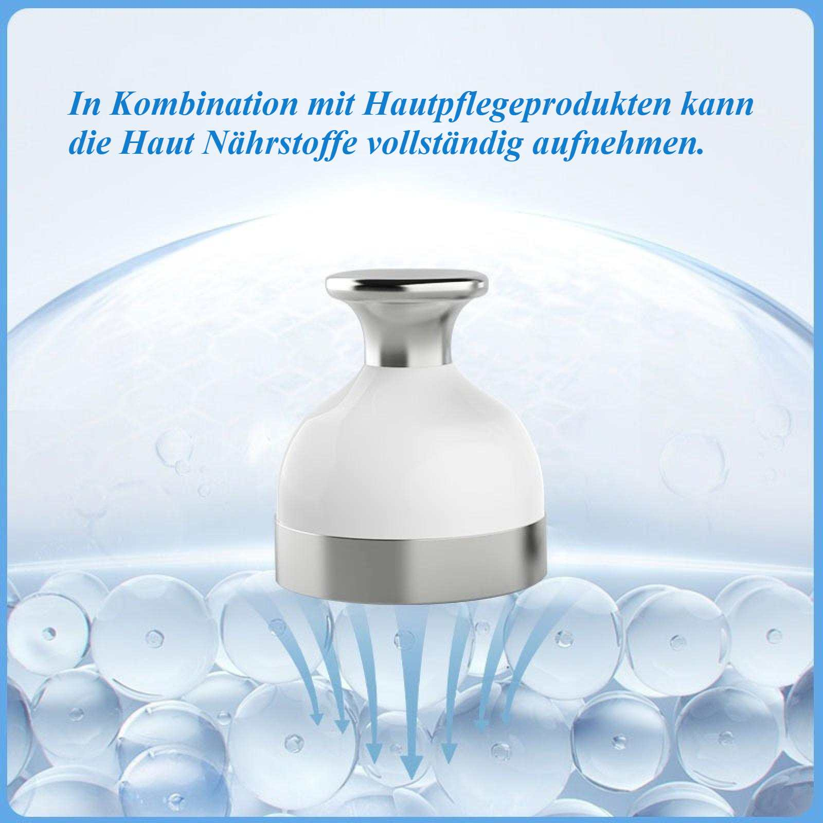 Ein weißes und silbernes Gerät über blauen Kugeln. Der Text auf Deutsch besagt, dass das Gerät die Hautpflege unterstützt.