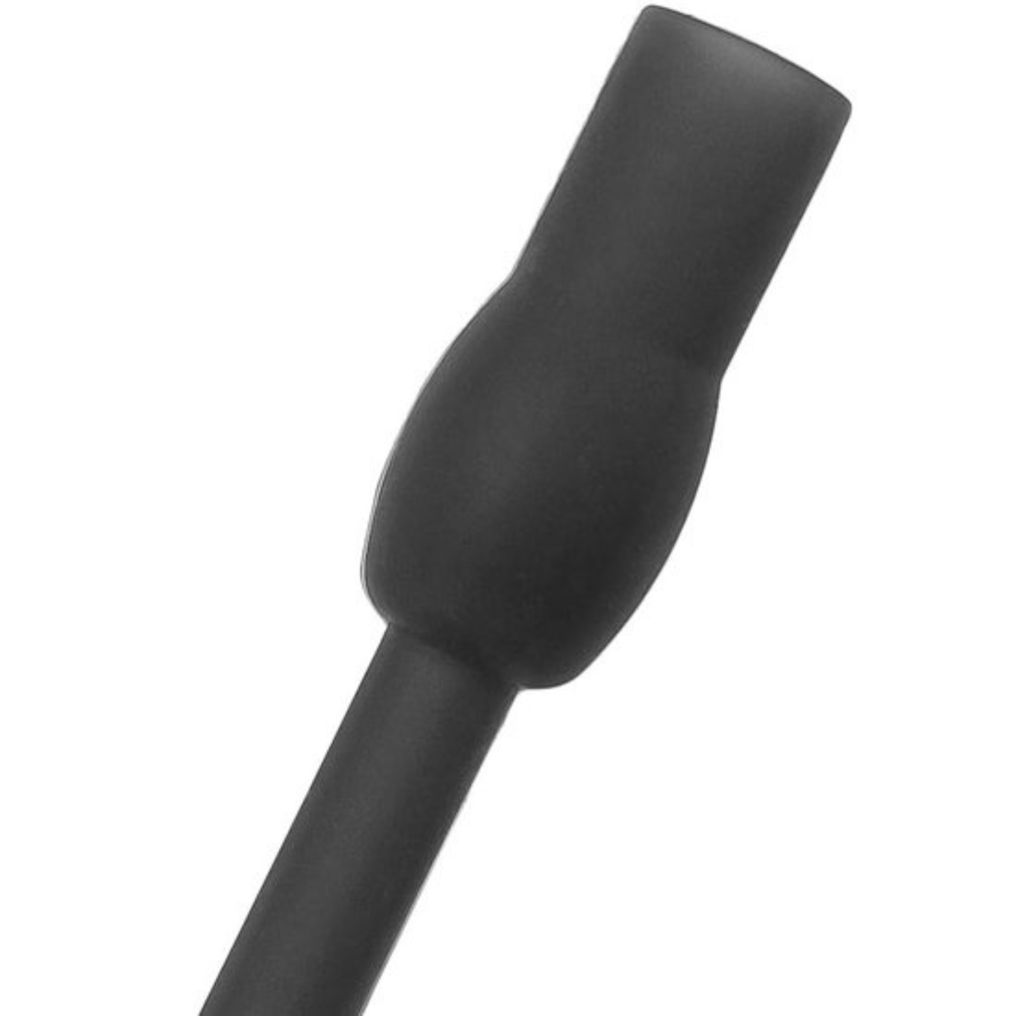 A close-up of a black object, possibly a part of a tool, against a white background.
