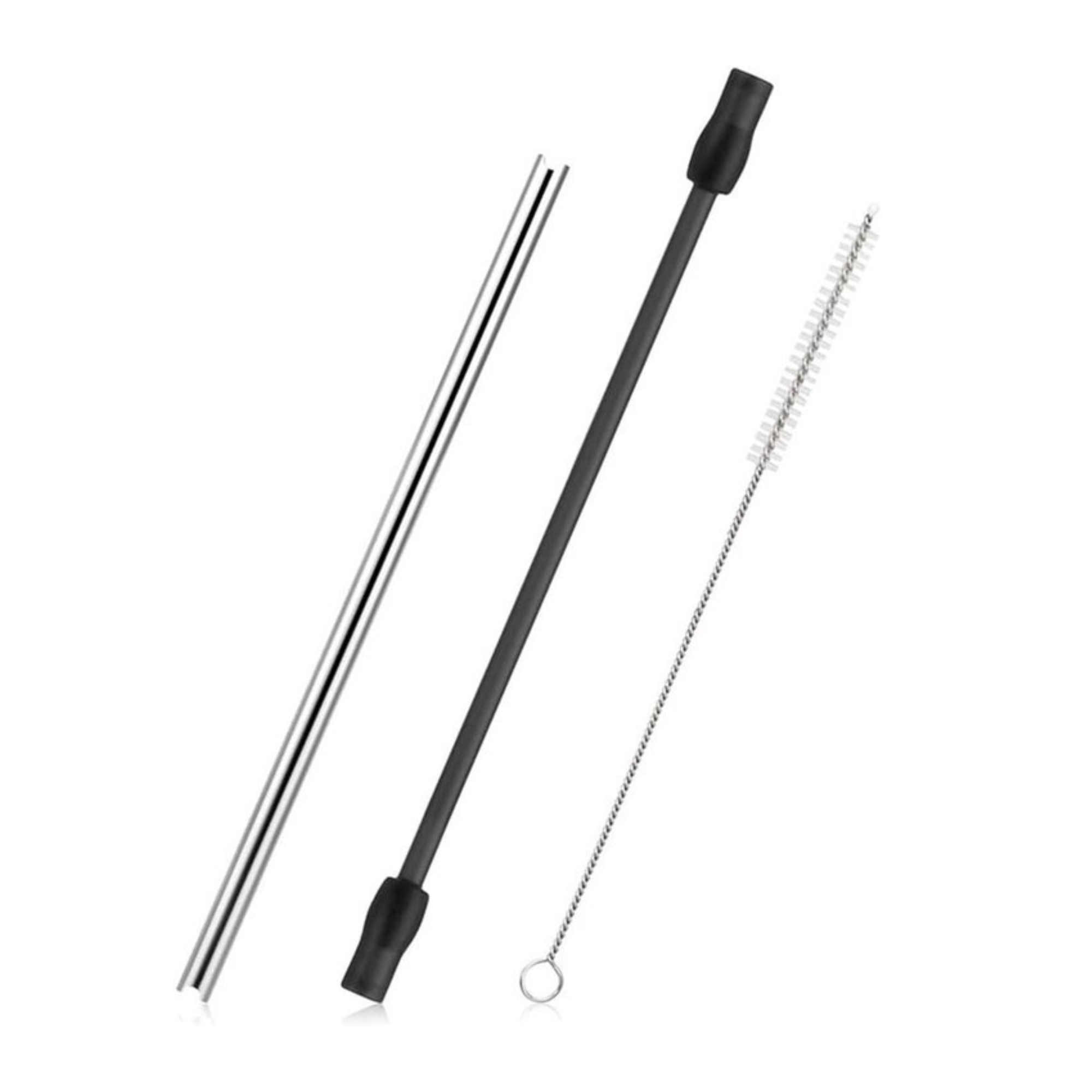 Three items on white: a stainless steel straw, a black straw, and a small brush with a metal handle.