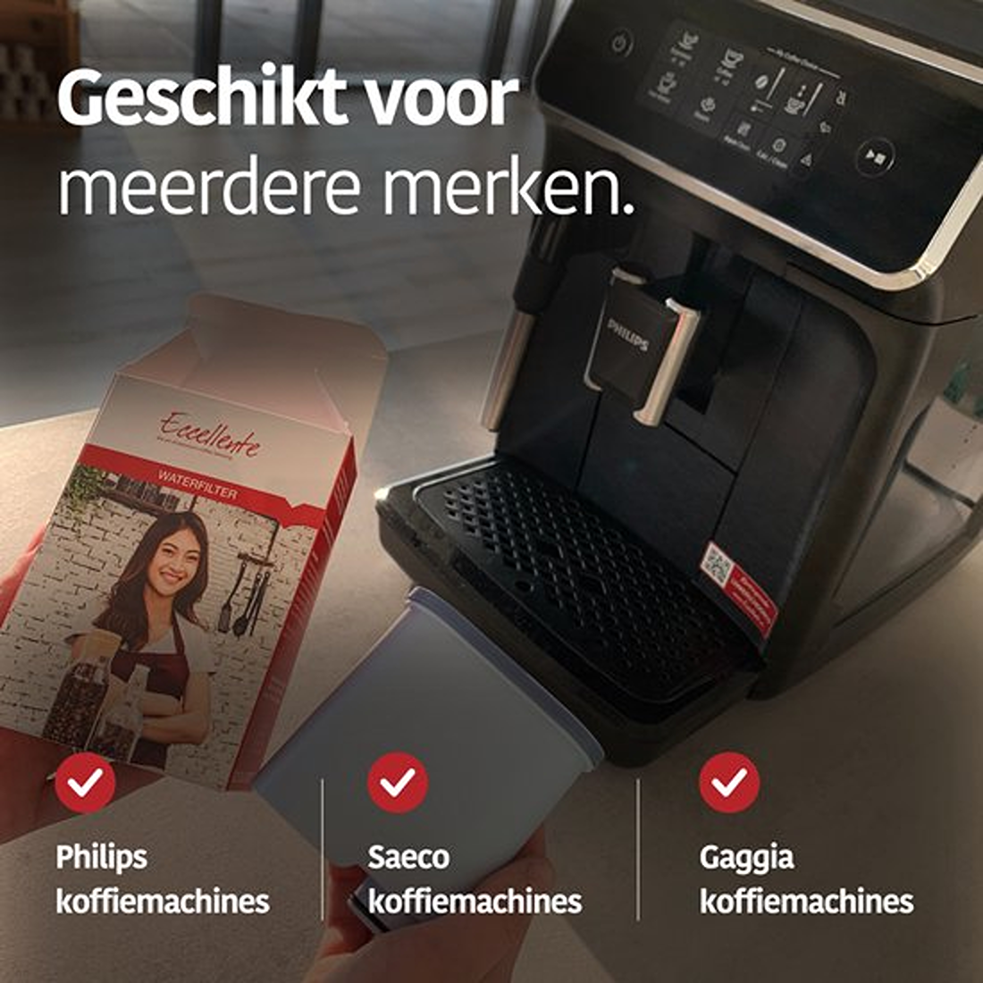 A coffee machine with a filter and filter box. Text says suitable for multiple brands. Brands include Philips, Saeco, and Gaggia.